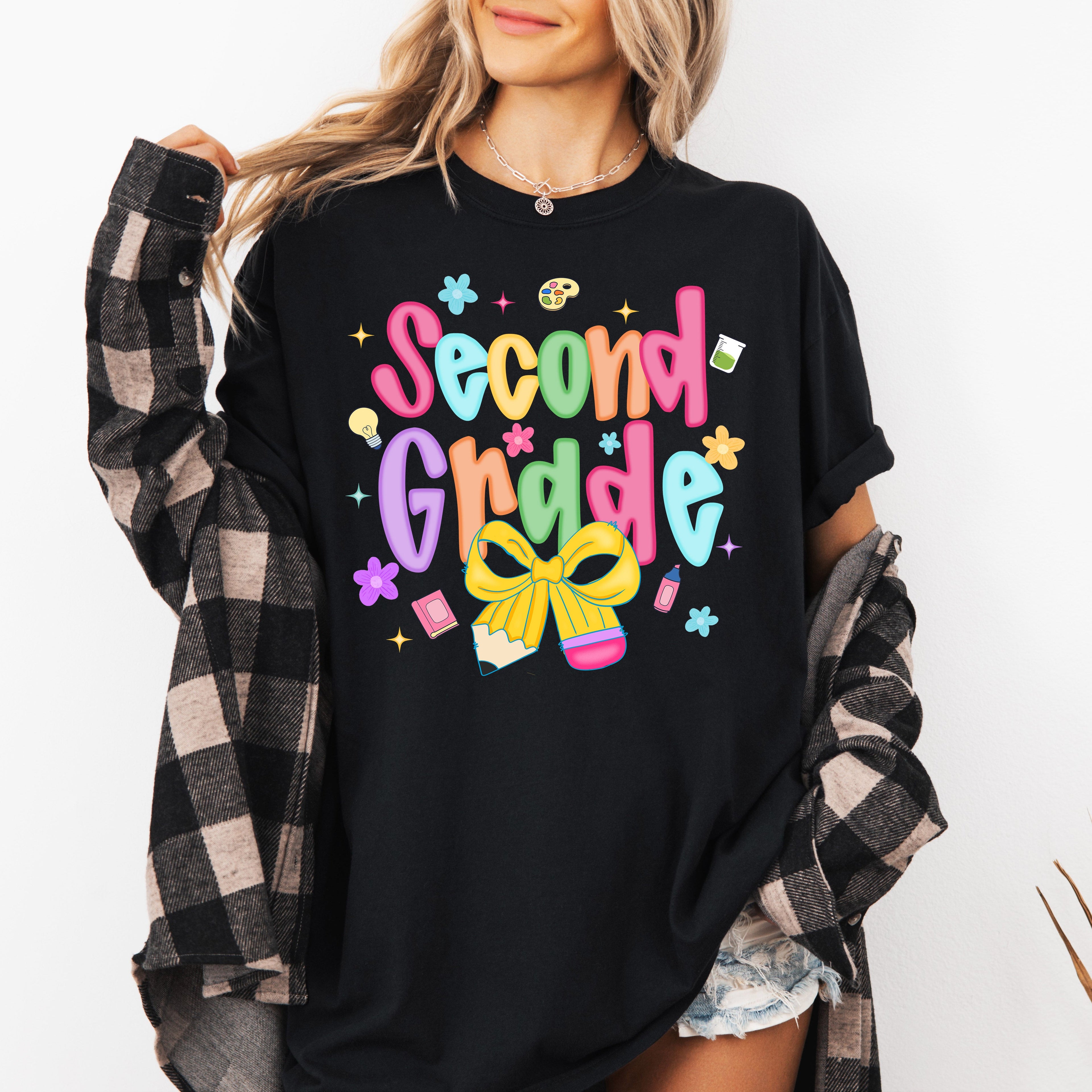 Second Grade Teacher Neon Bow First Day Of School Coquette Teacher Appreciation Comfort Colors Tee