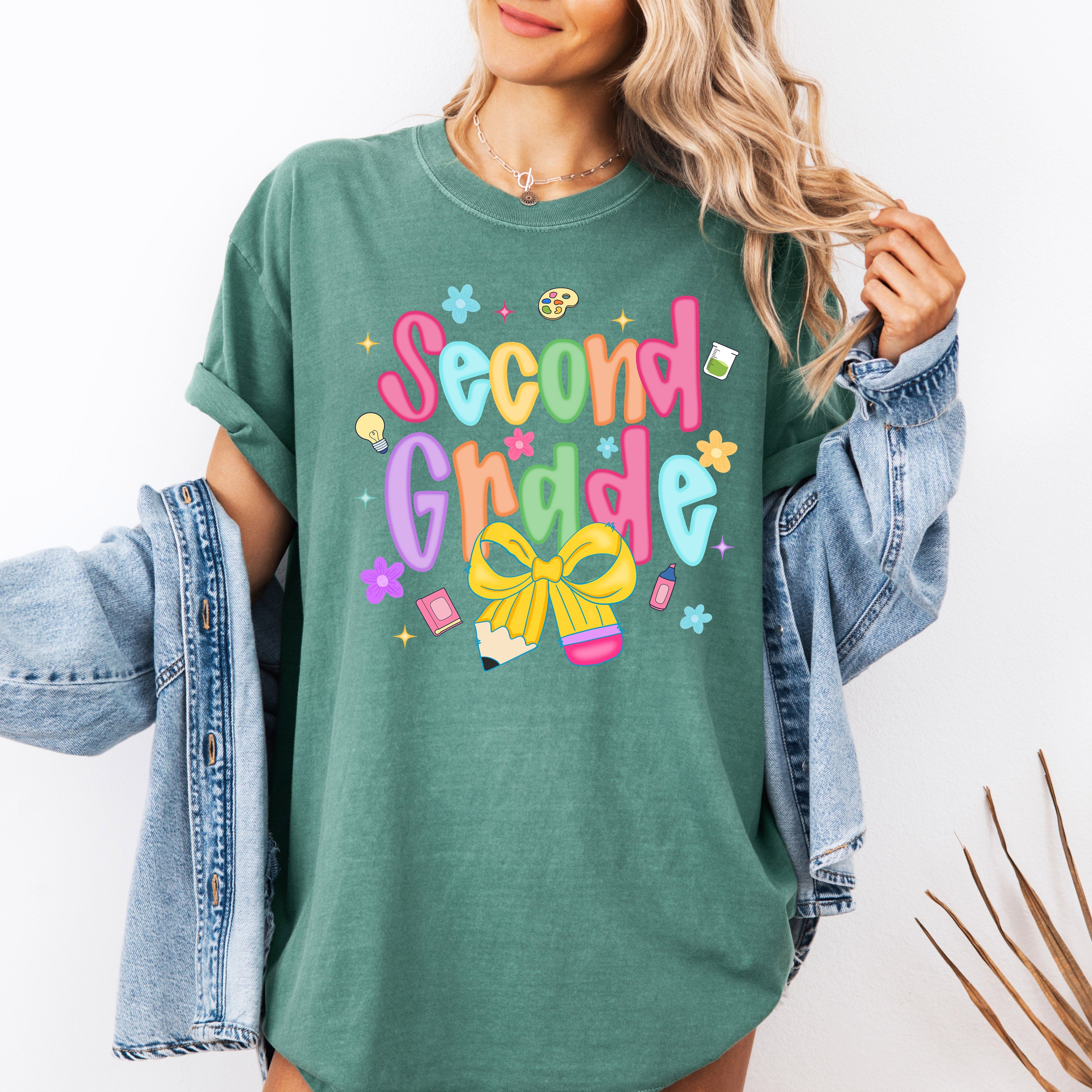 Second Grade Teacher Neon Bow First Day Of School Coquette Teacher Appreciation Comfort Colors Tee