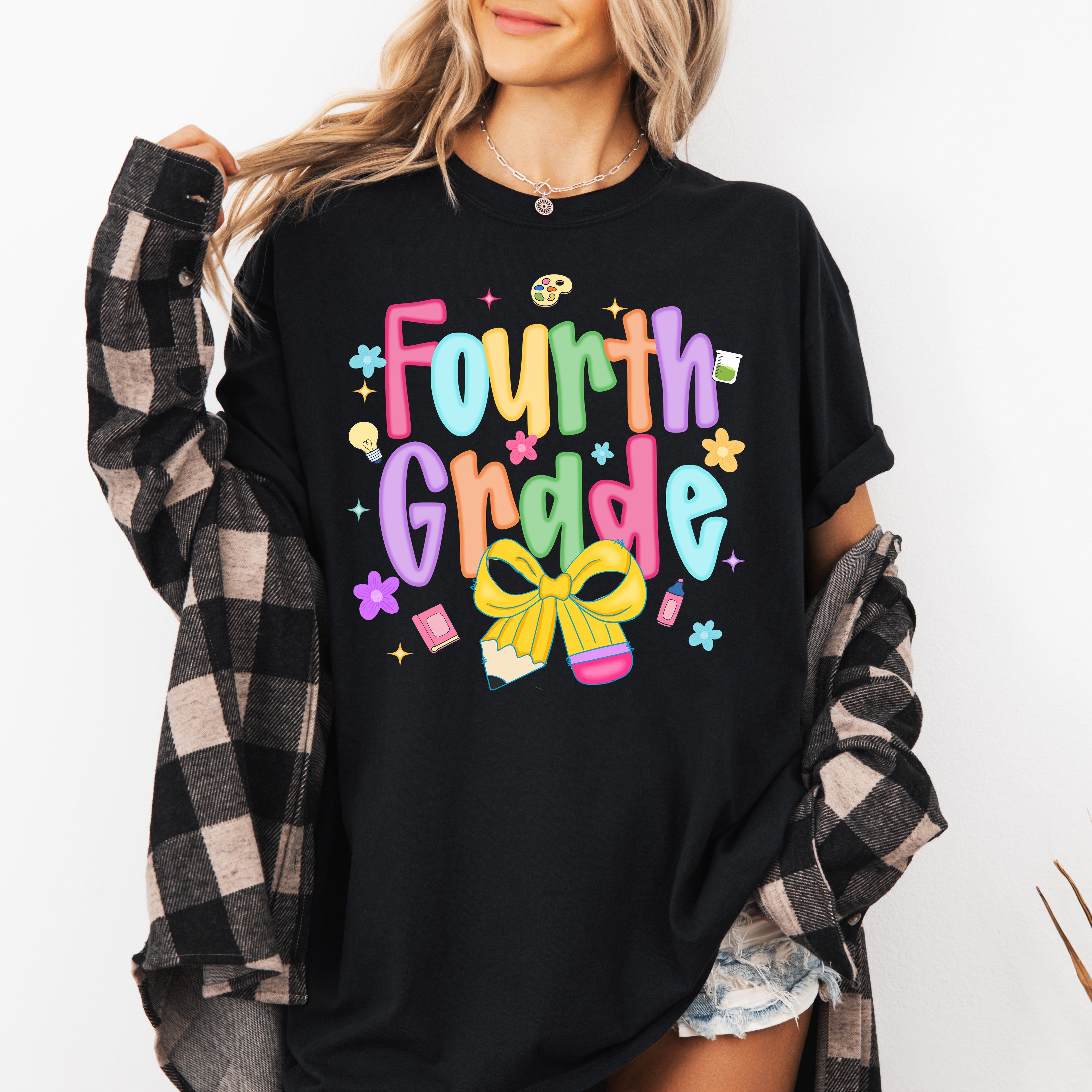 Fourth Grade Teacher Neon Bow First Day Of School Teacher Appreciation Comfort Colors Tee