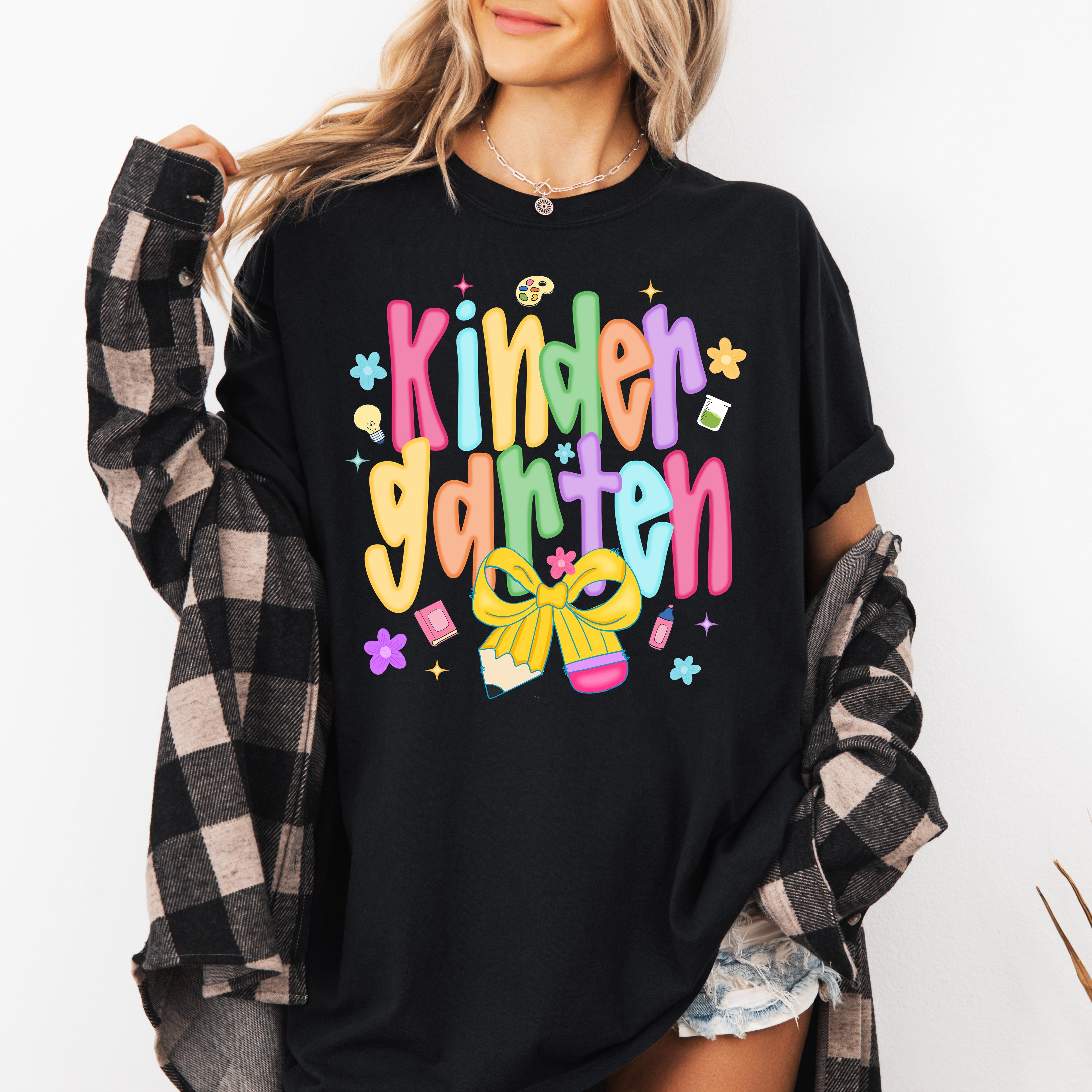Kindergarten Teacher Back To School Neon Bow First Day Of School Teacher Appreciation Comfort Colors Tee