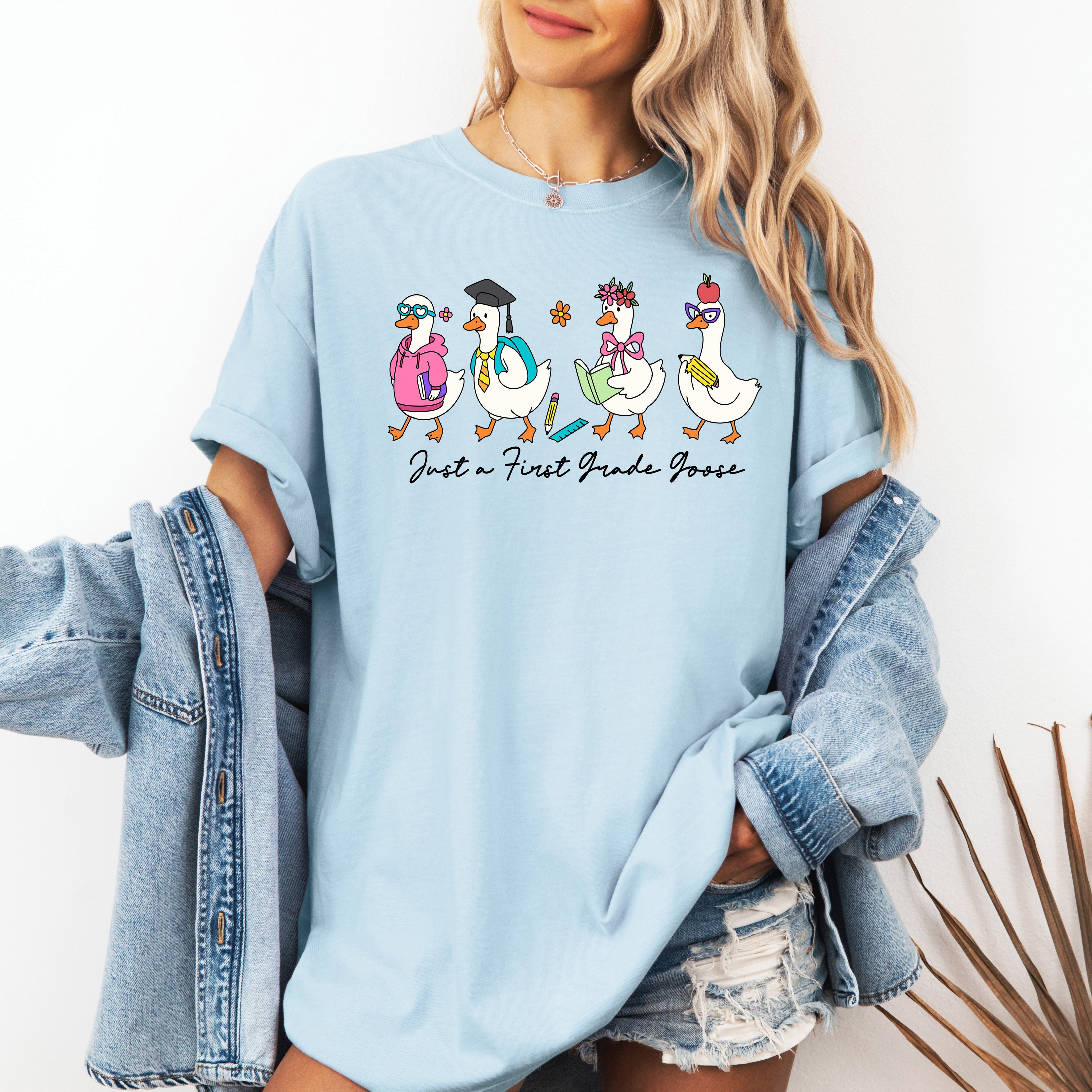 Just A First Grade Goose Teacher Back To School Bow First Day Teacher Appreciation Comfort Colors Tee