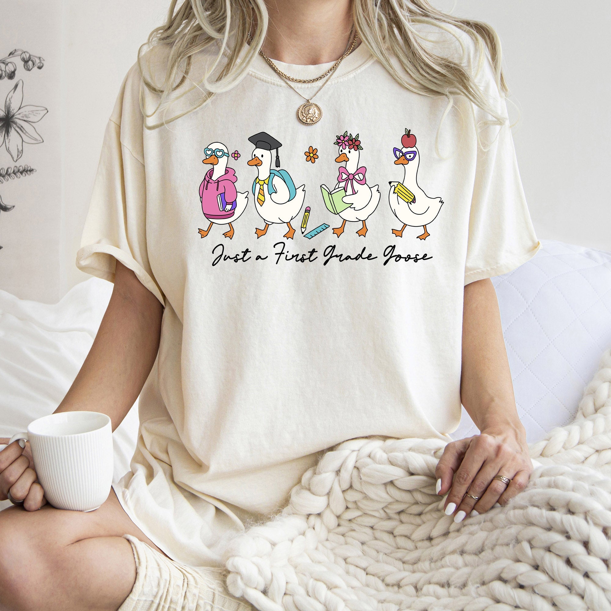 Just A First Grade Goose Teacher Back To School Bow First Day Teacher Appreciation Comfort Colors Tee