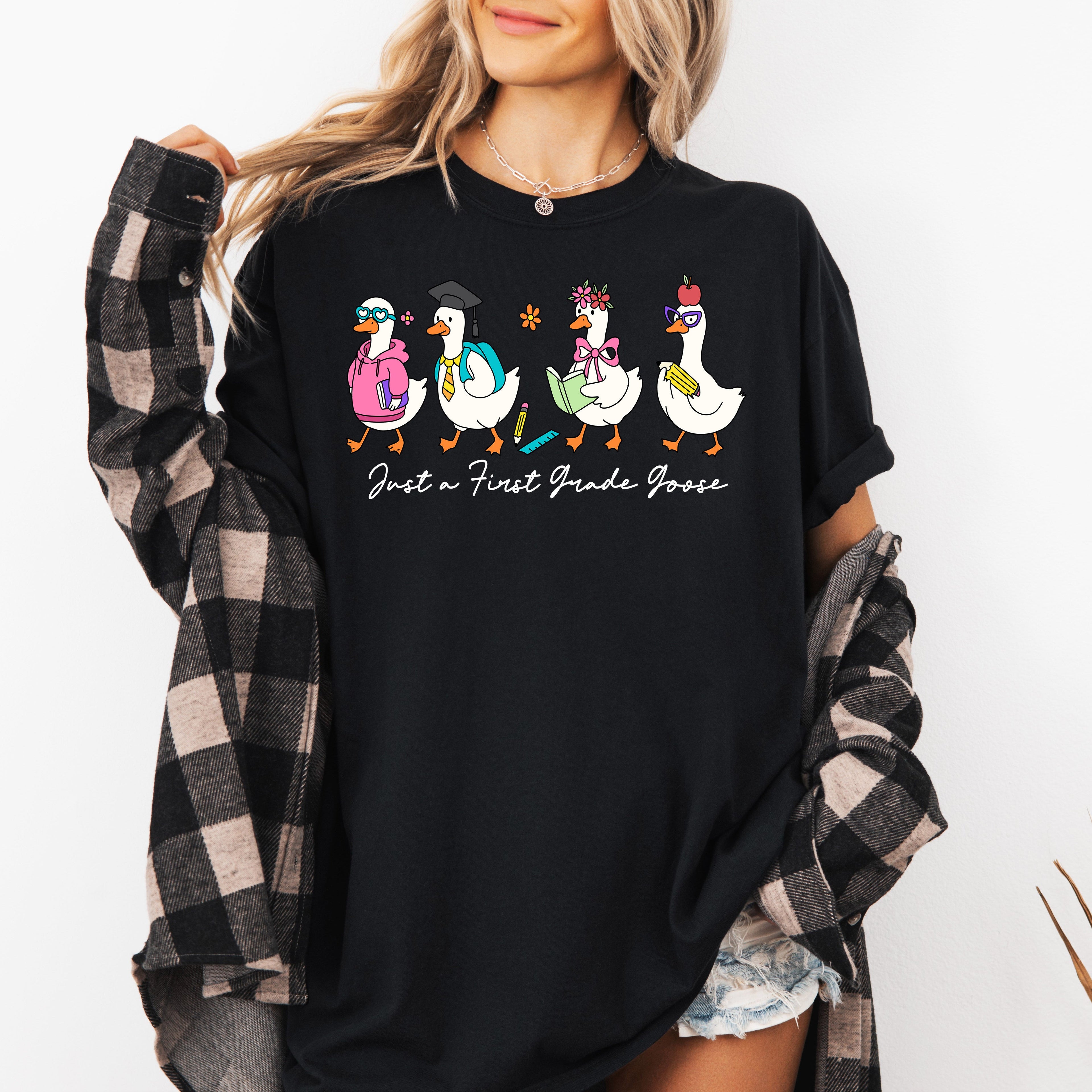 Just A First Grade Goose Teacher Back To School Bow First Day Teacher Appreciation Comfort Colors Tee