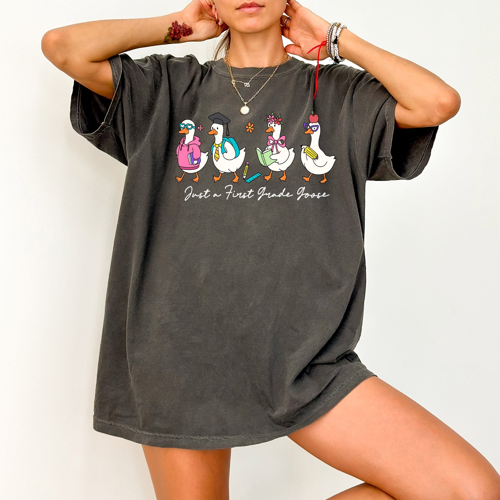 Just A First Grade Goose Teacher Back To School Bow First Day Teacher Appreciation Comfort Colors Tee