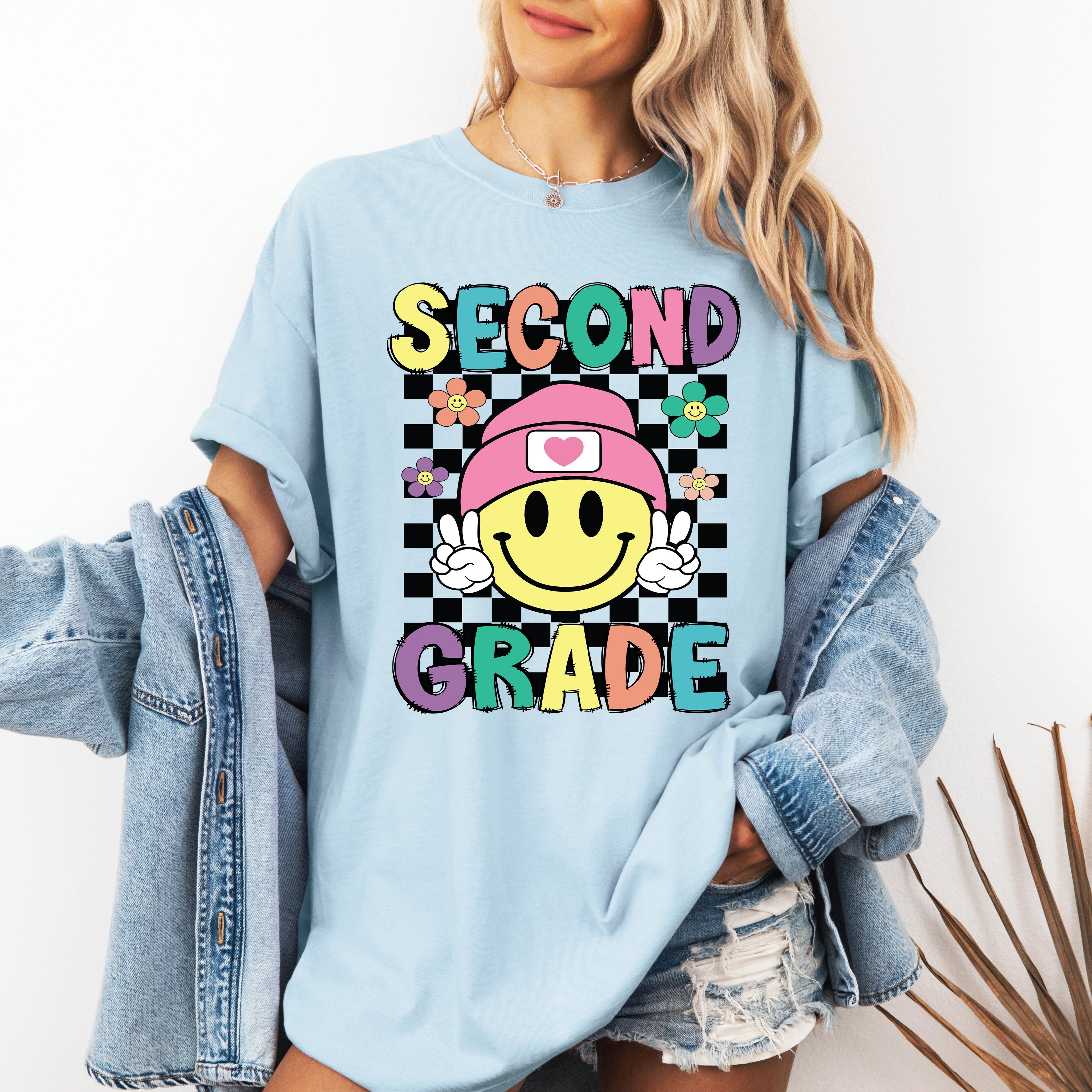Second Grade Smiley Face Teacher Back To School First Day Of School Comfort Colors Tee