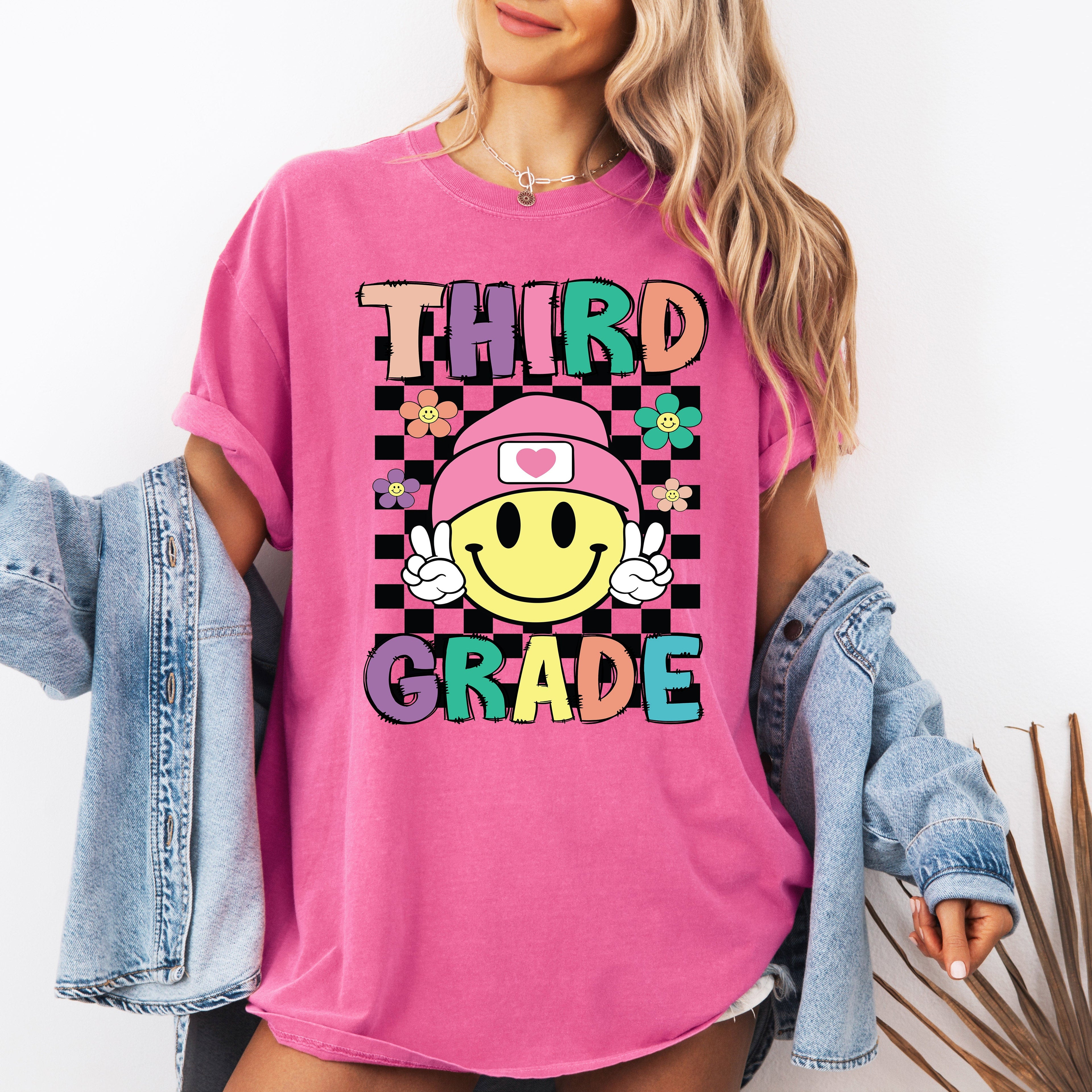 Third Grade Smiley Face Teacher Back To School First Day Teacher Appreciation Comfort Colors Tee
