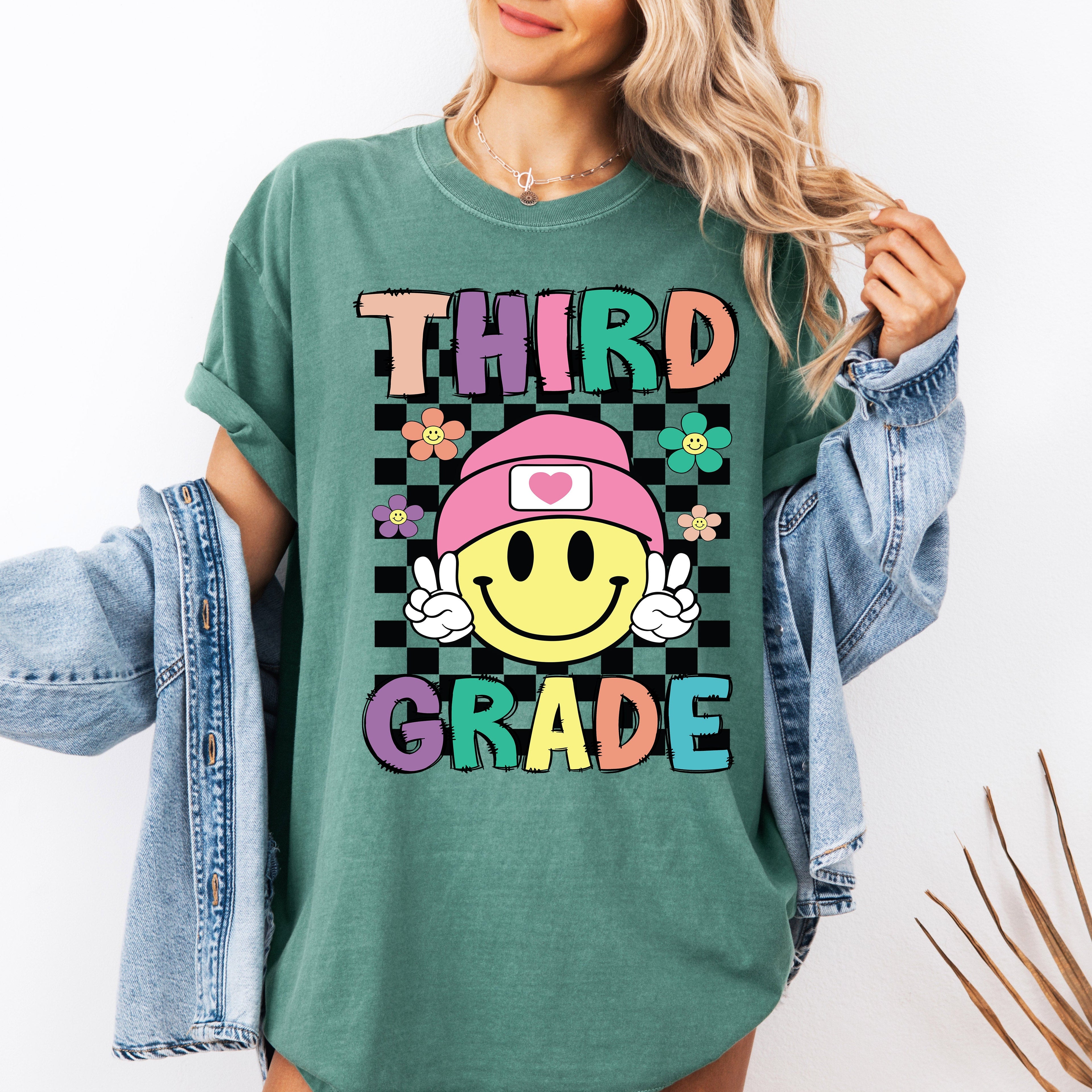 Third Grade Smiley Face Teacher Back To School First Day Teacher Appreciation Comfort Colors Tee