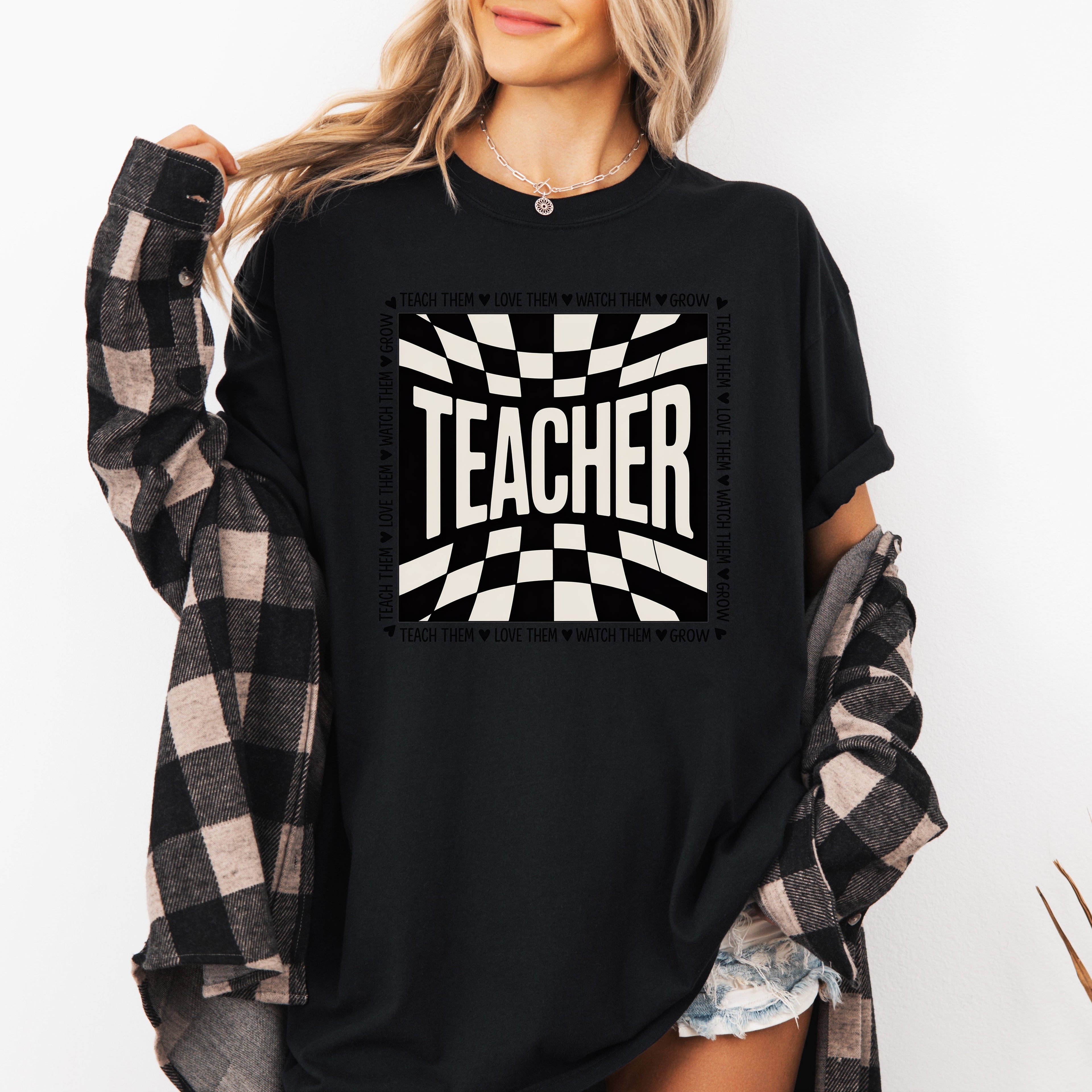 Teacher Checkered Back To School First Day Of School Cute Teacher Appreciation Comfort Colors Tee