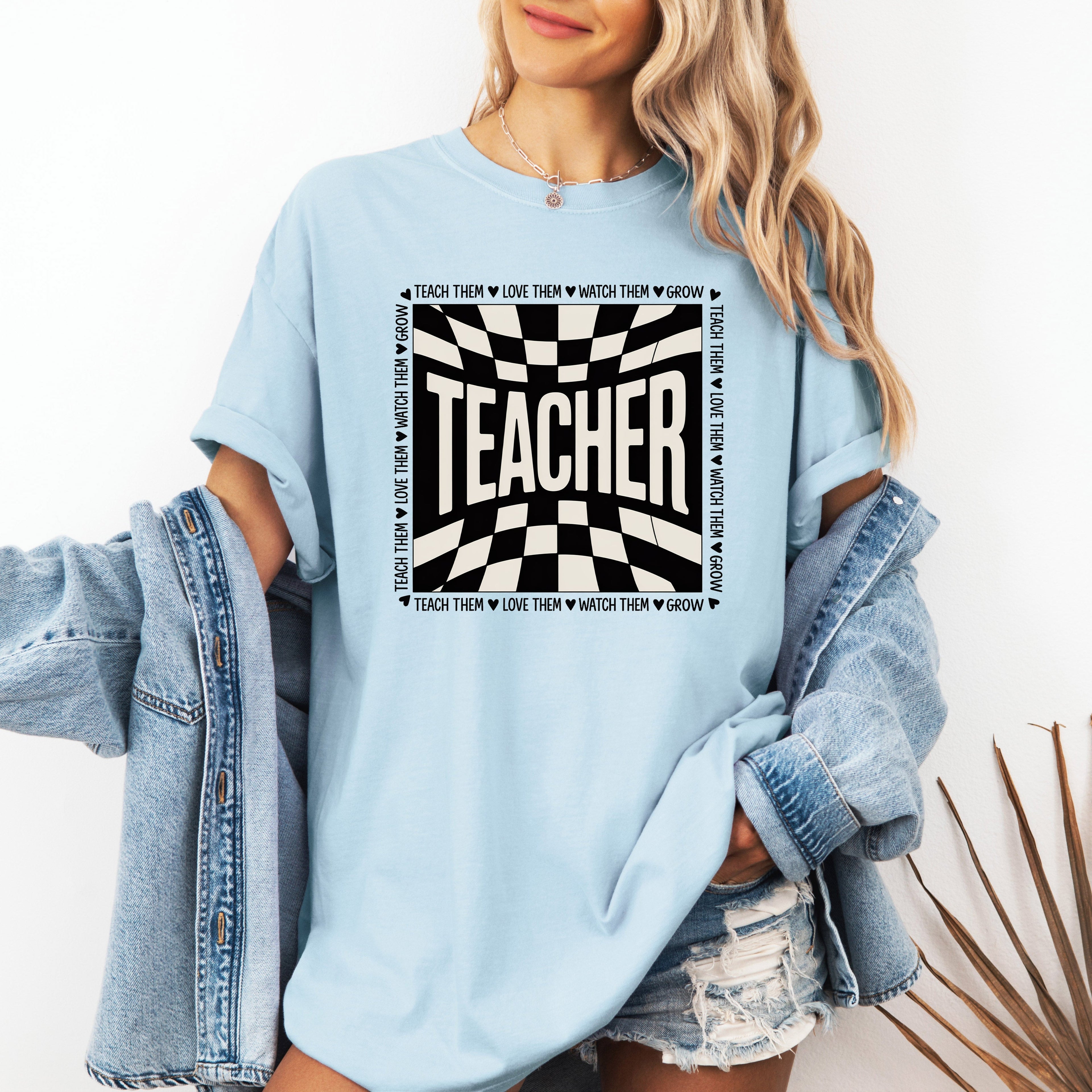 Teacher Checkered Back To School First Day Of School Cute Teacher Appreciation Comfort Colors Tee
