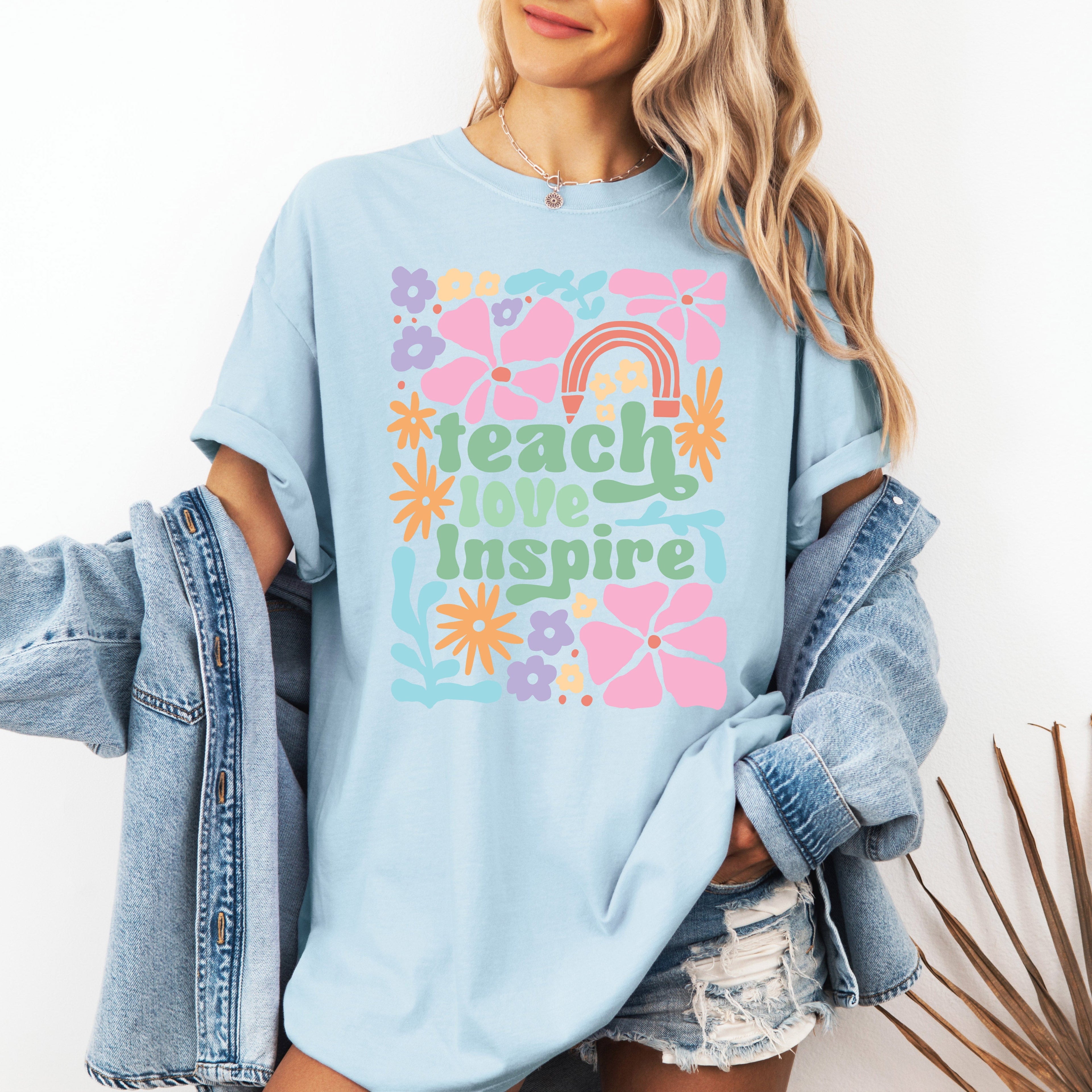 Teach Love Inspire Boho Floral Teacher Appreciation Motivational Educational Quote Comfort Colors Tee