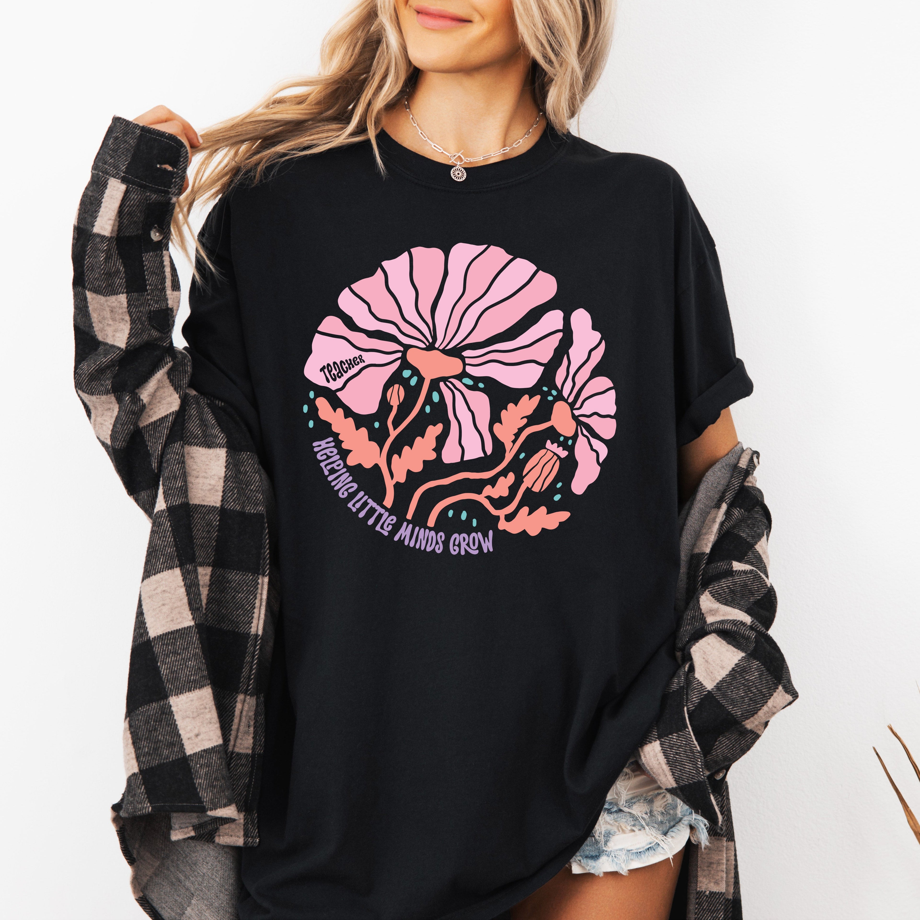 Helping Little Minds Boho Floral Back To School First Day Teacher Appreciation Comfort Colors Tee