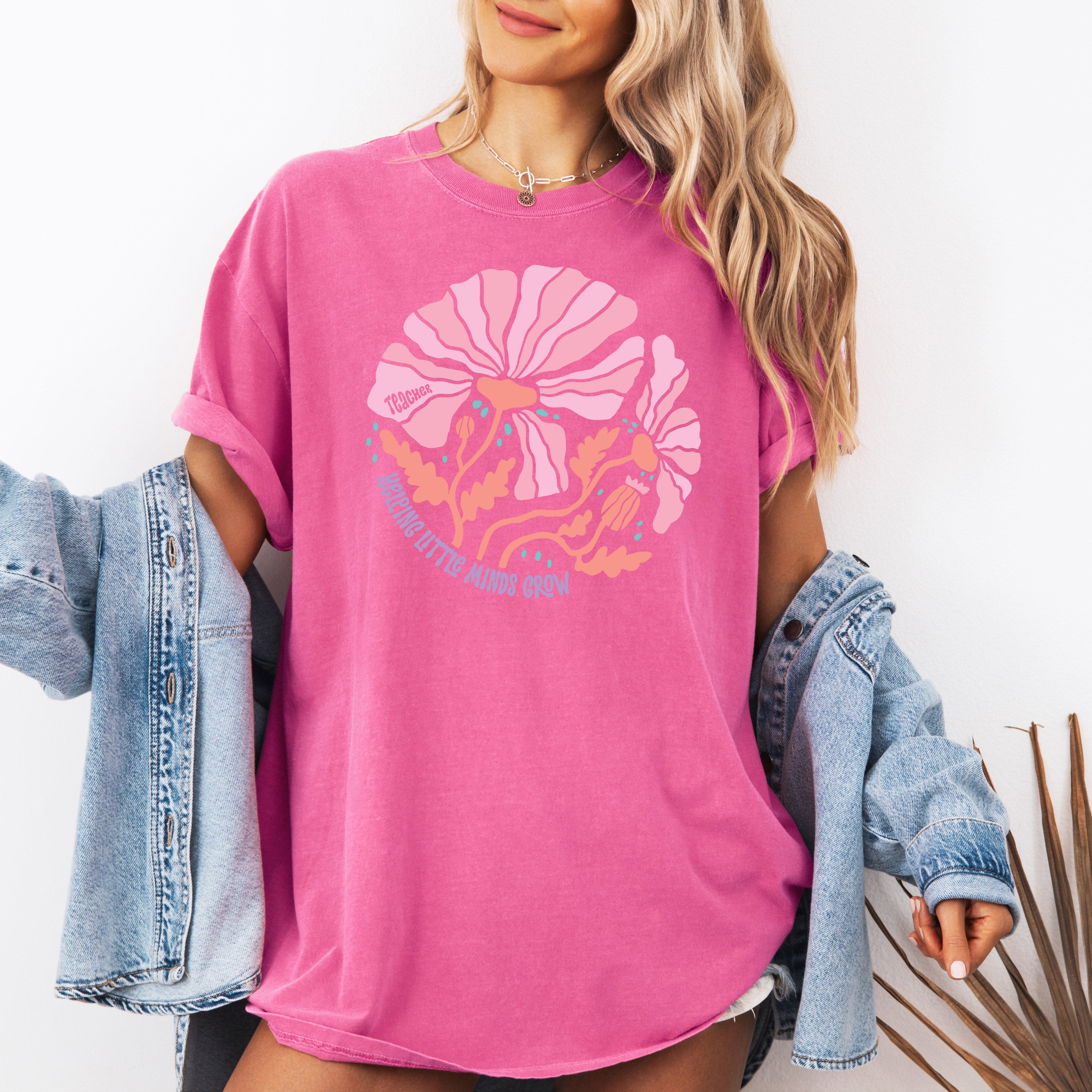 Helping Little Minds Boho Floral Back To School First Day Teacher Appreciation Comfort Colors Tee
