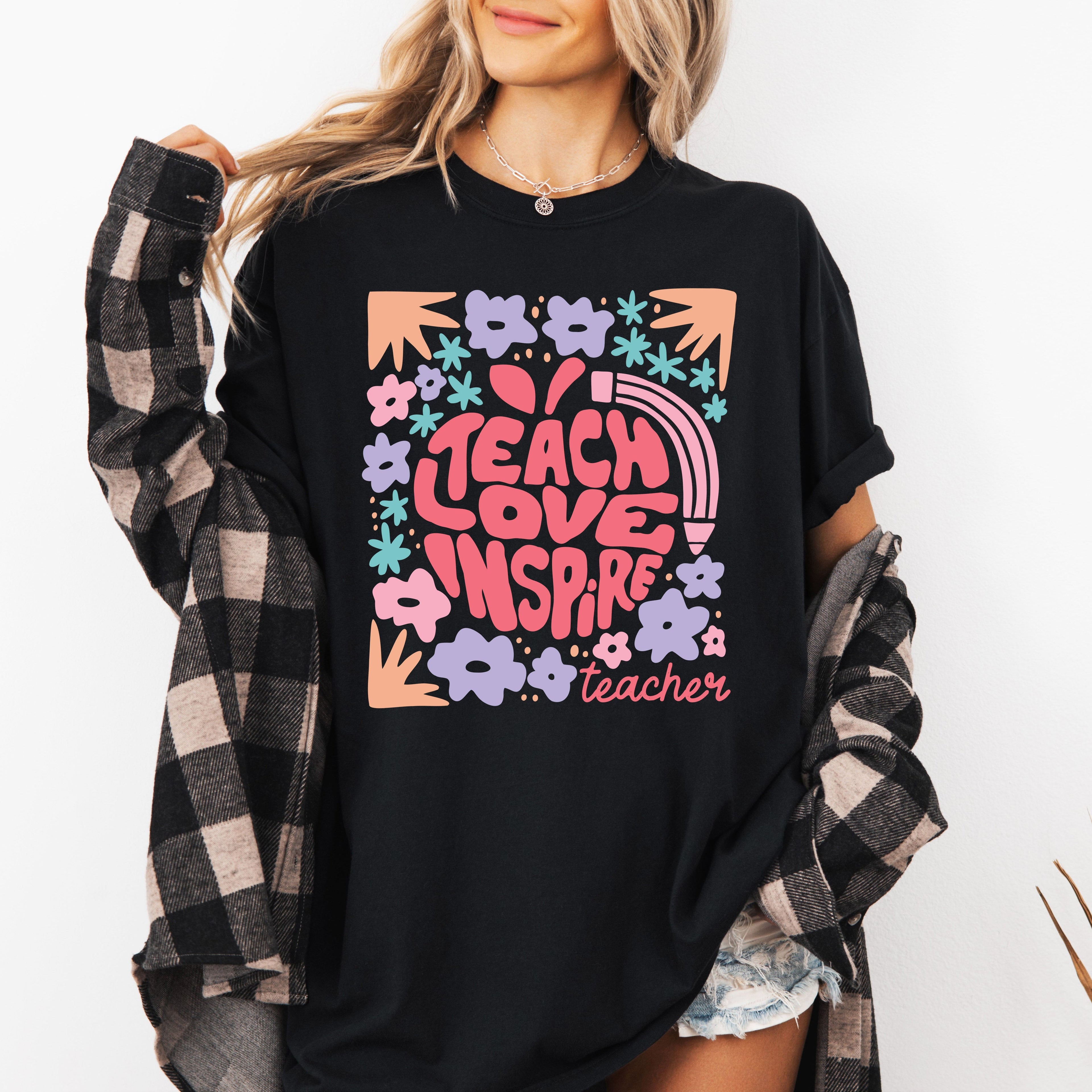 Teach Love Inspire Boho Floral Back To School First Day Of School Comfort Colors Tee