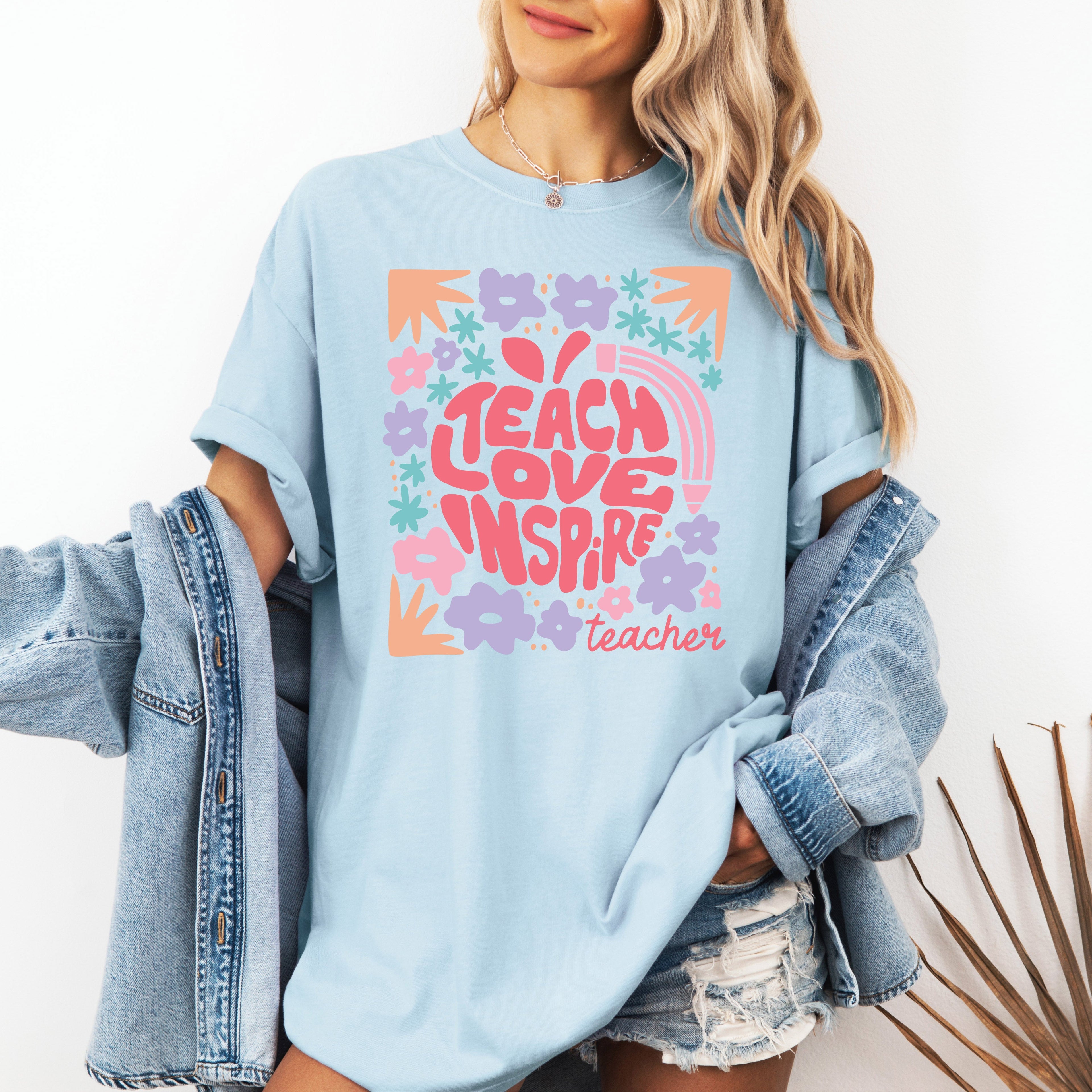Teach Love Inspire Boho Floral Back To School First Day Of School Comfort Colors Tee