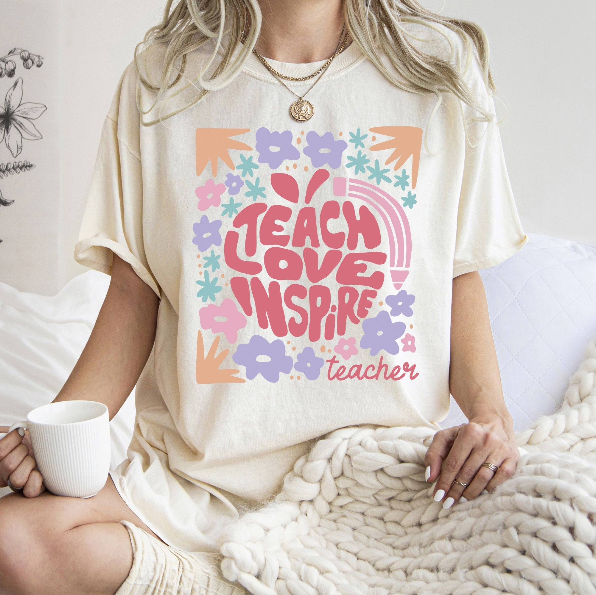 Teach Love Inspire Boho Floral Back To School First Day Of School Comfort Colors Tee