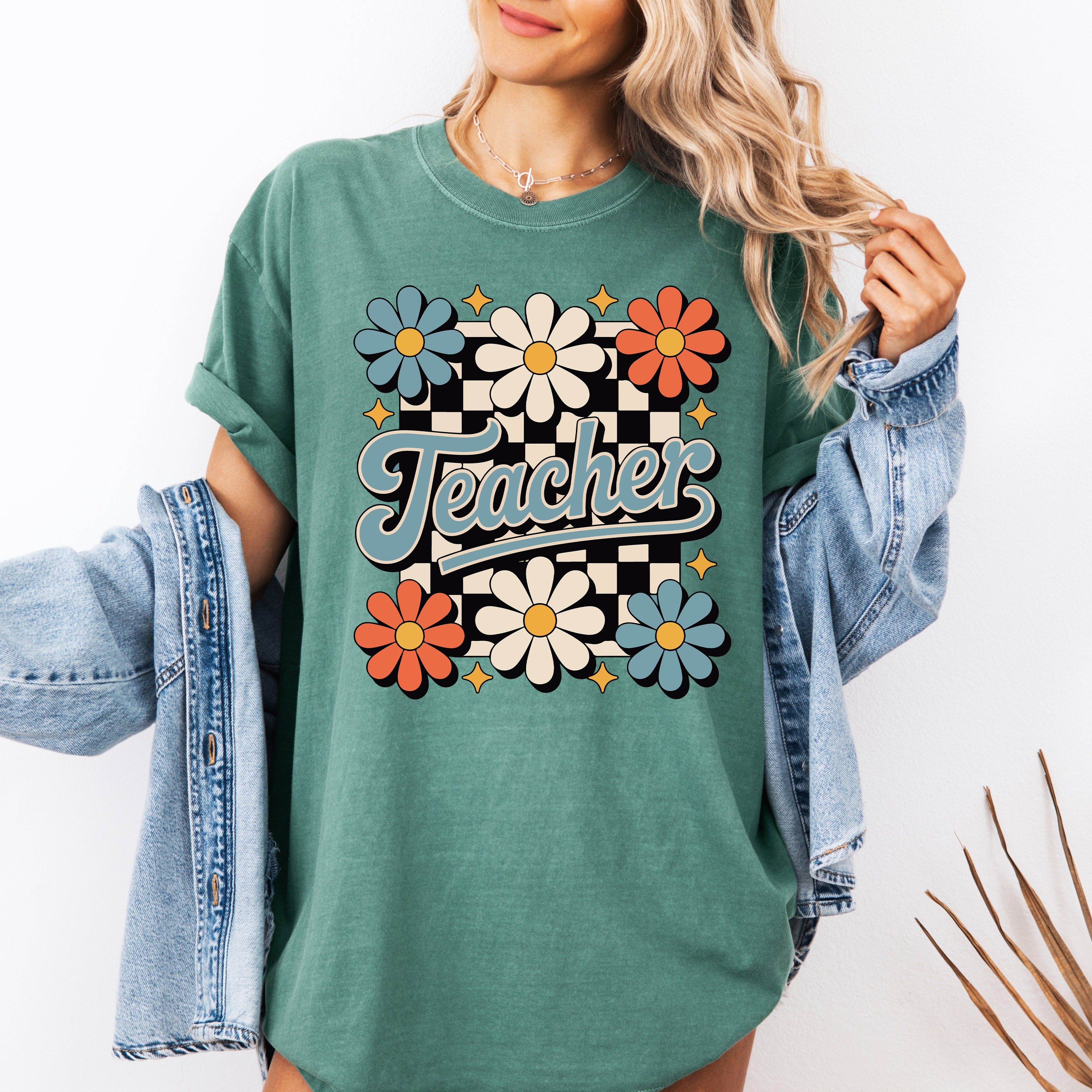 Retro Floral Checkered First Day Of School Teacher Appreciation Coquette Style Comfort Colors Tee
