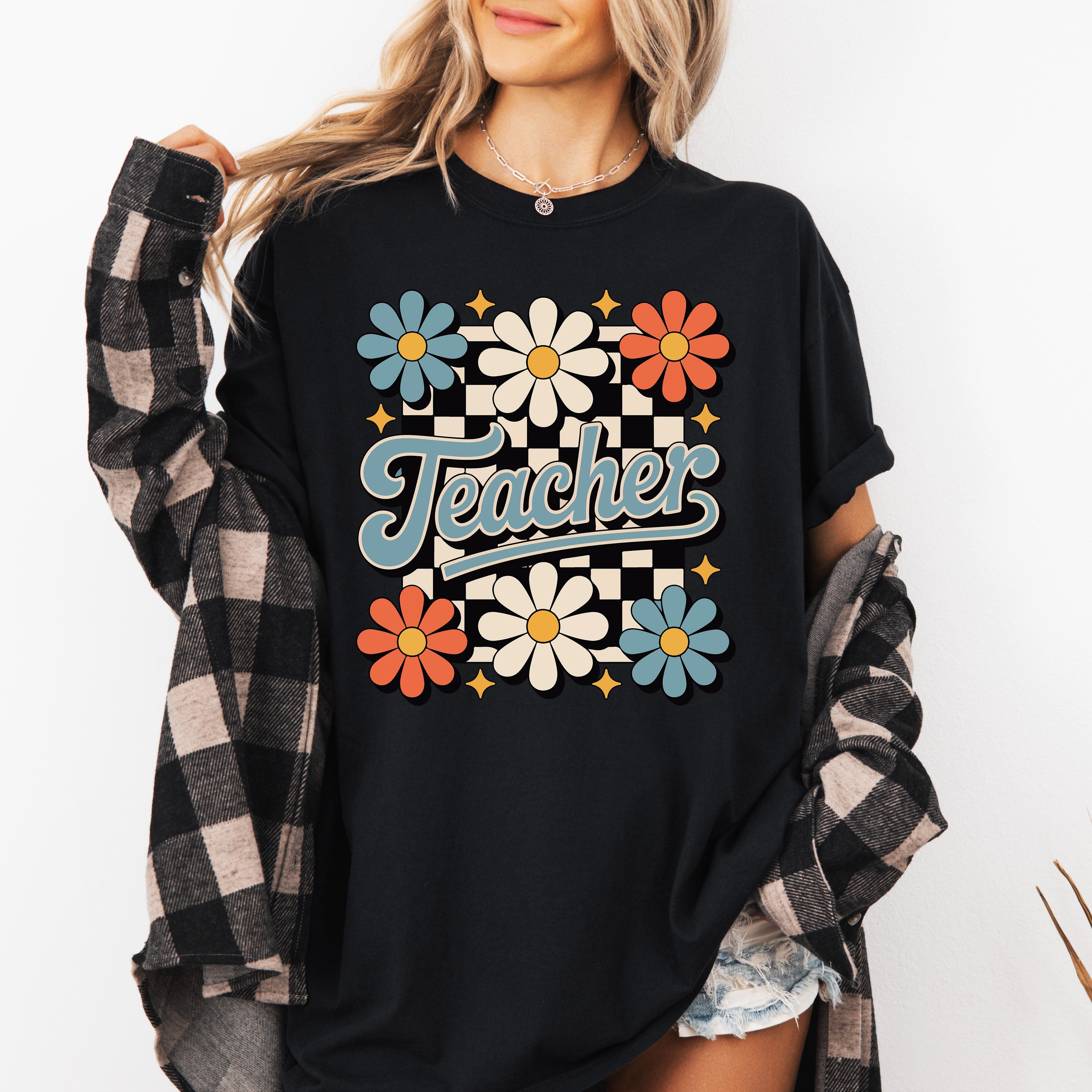 Retro Floral Checkered First Day Of School Teacher Appreciation Coquette Style Comfort Colors Tee