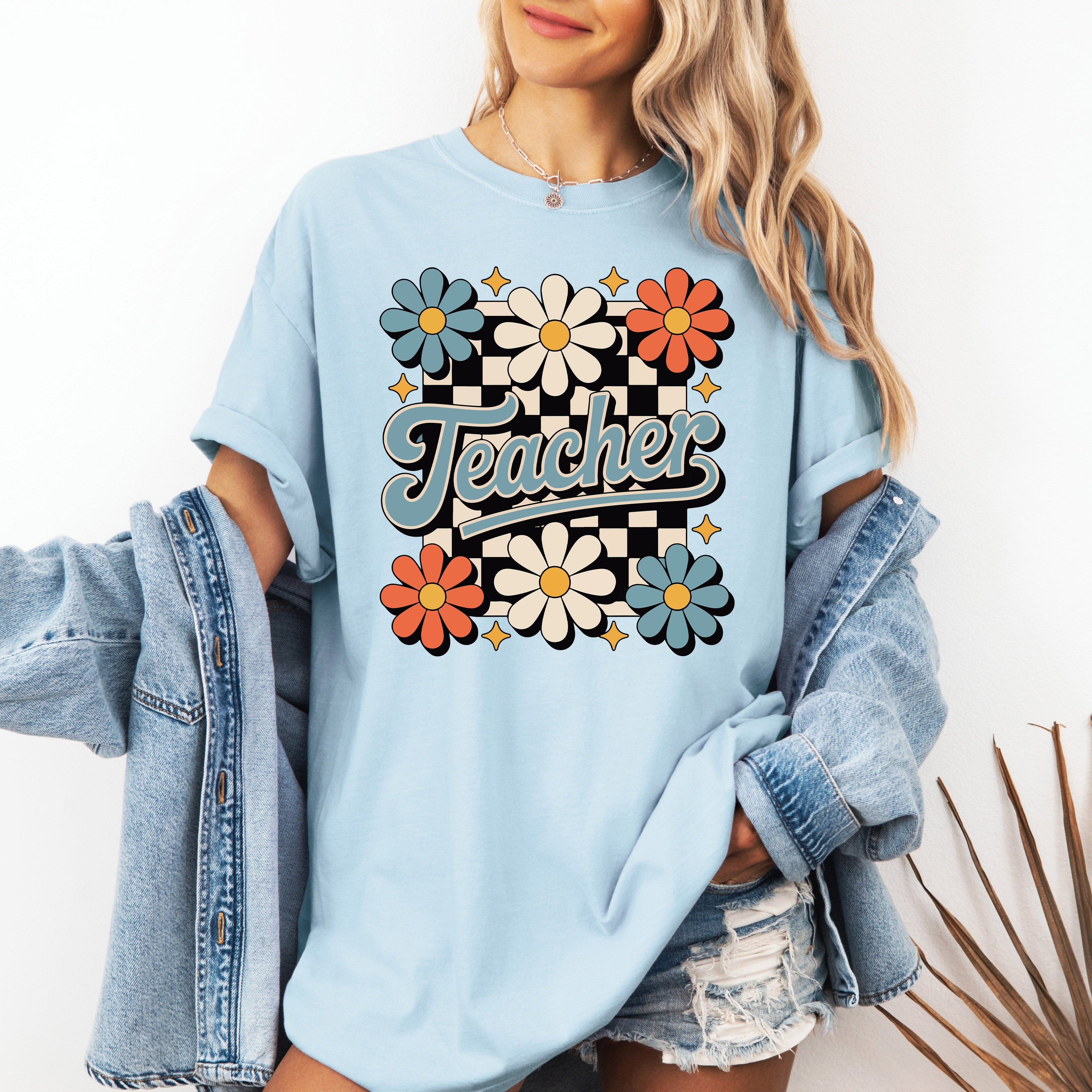 Retro Floral Checkered First Day Of School Teacher Appreciation Coquette Style Comfort Colors Tee