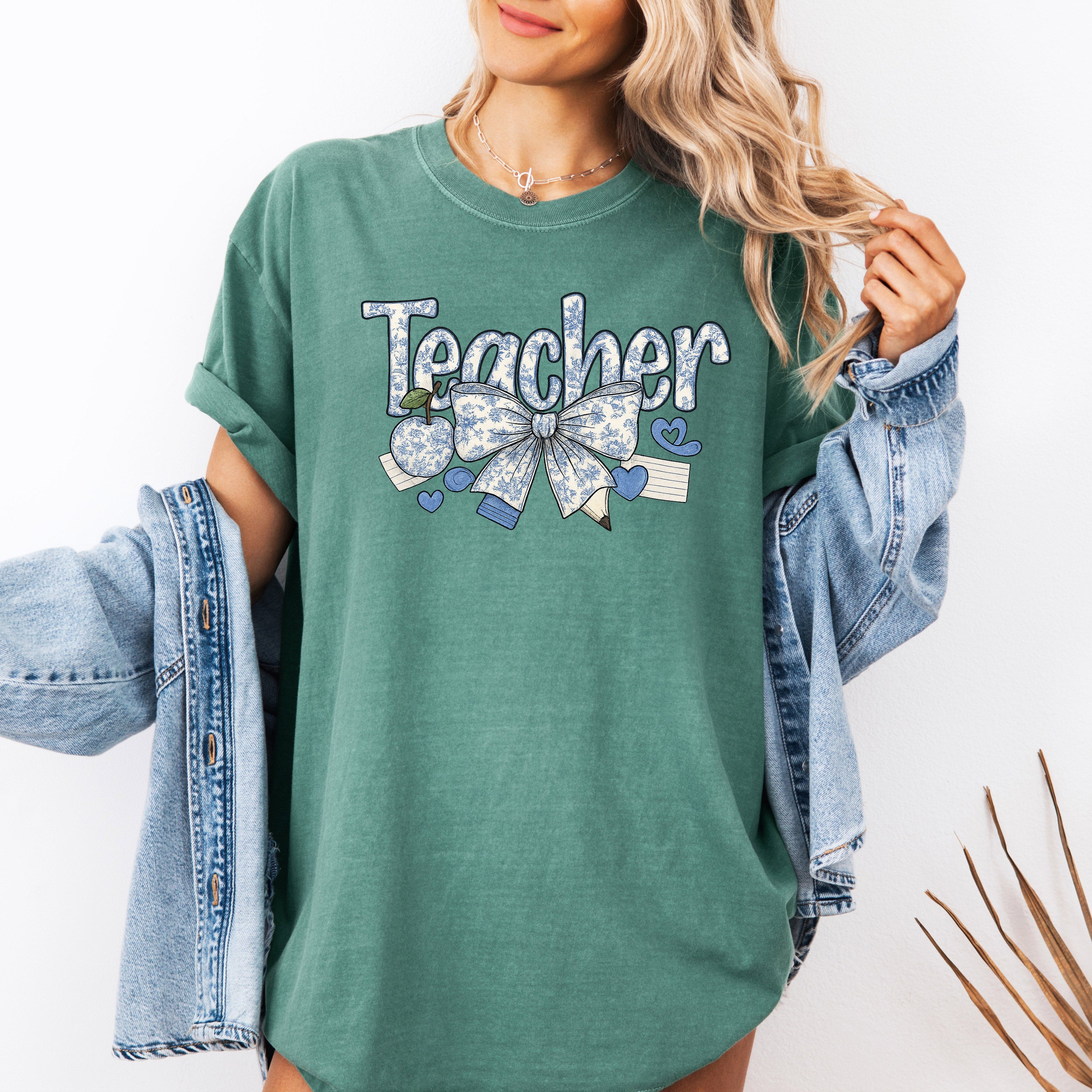 Teacher Chinoiserie Floral Bow First Day Of School Teacher Appreciation Comfort Colors Tee