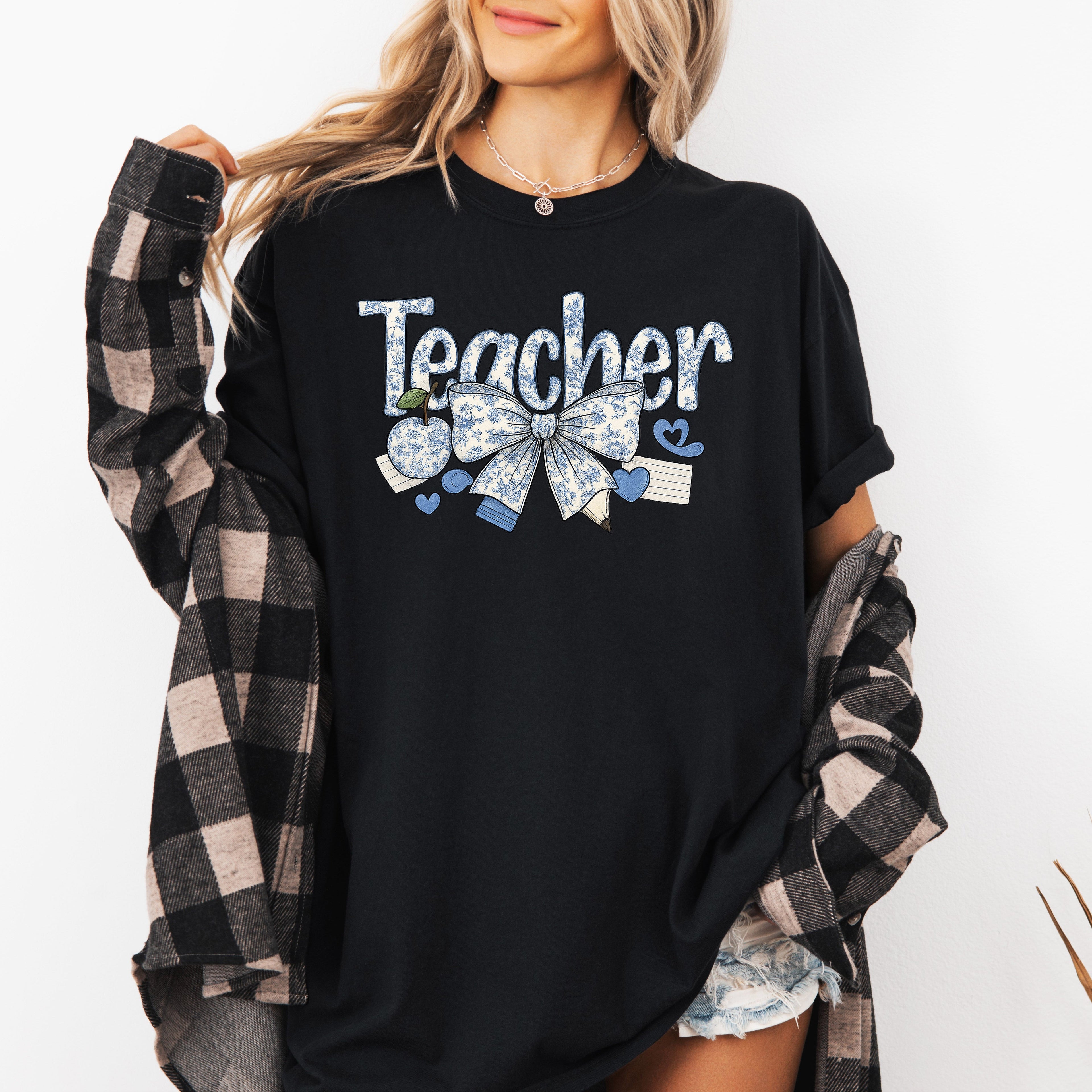 Teacher Chinoiserie Floral Bow First Day Of School Teacher Appreciation Comfort Colors Tee