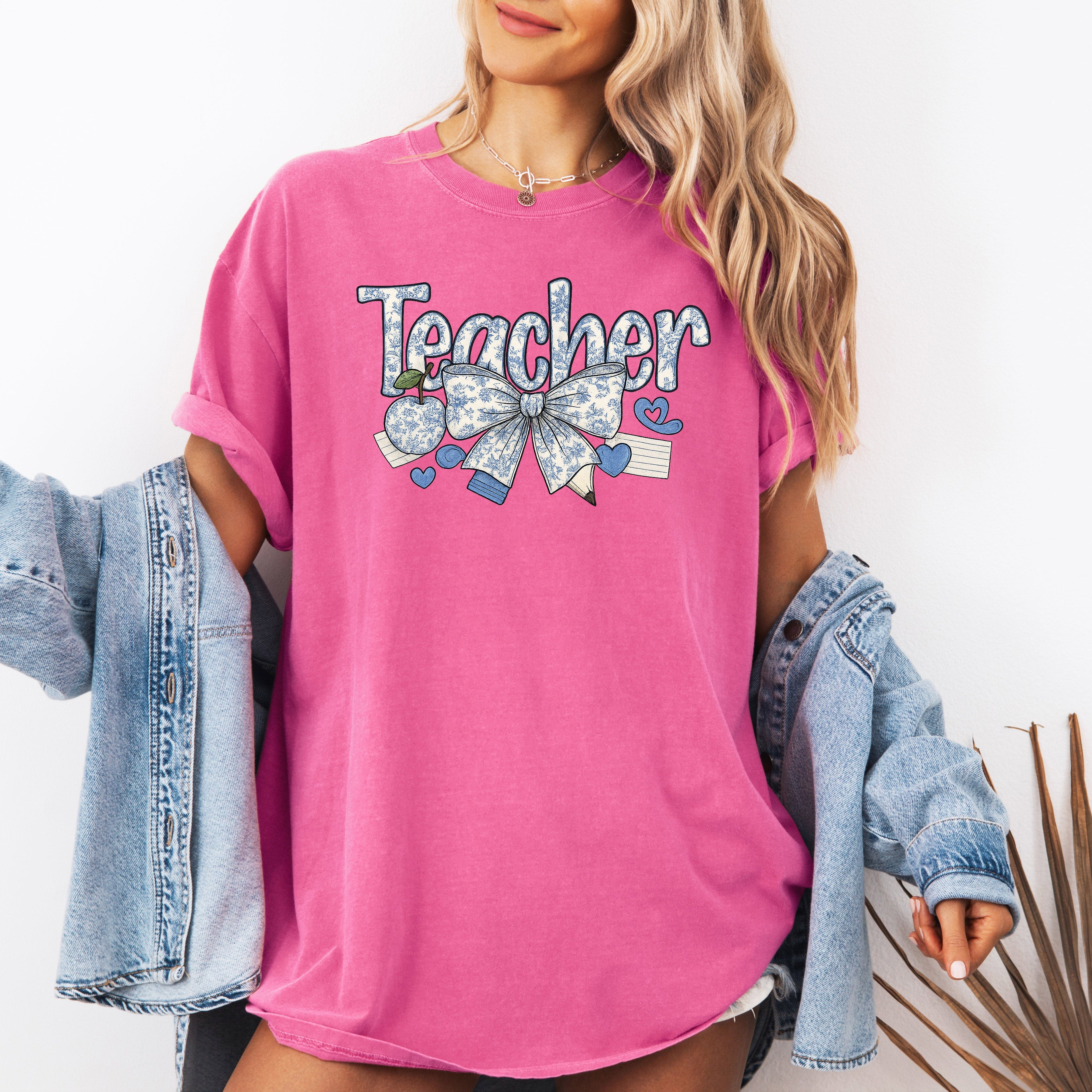 Teacher Chinoiserie Floral Bow First Day Of School Teacher Appreciation Comfort Colors Tee
