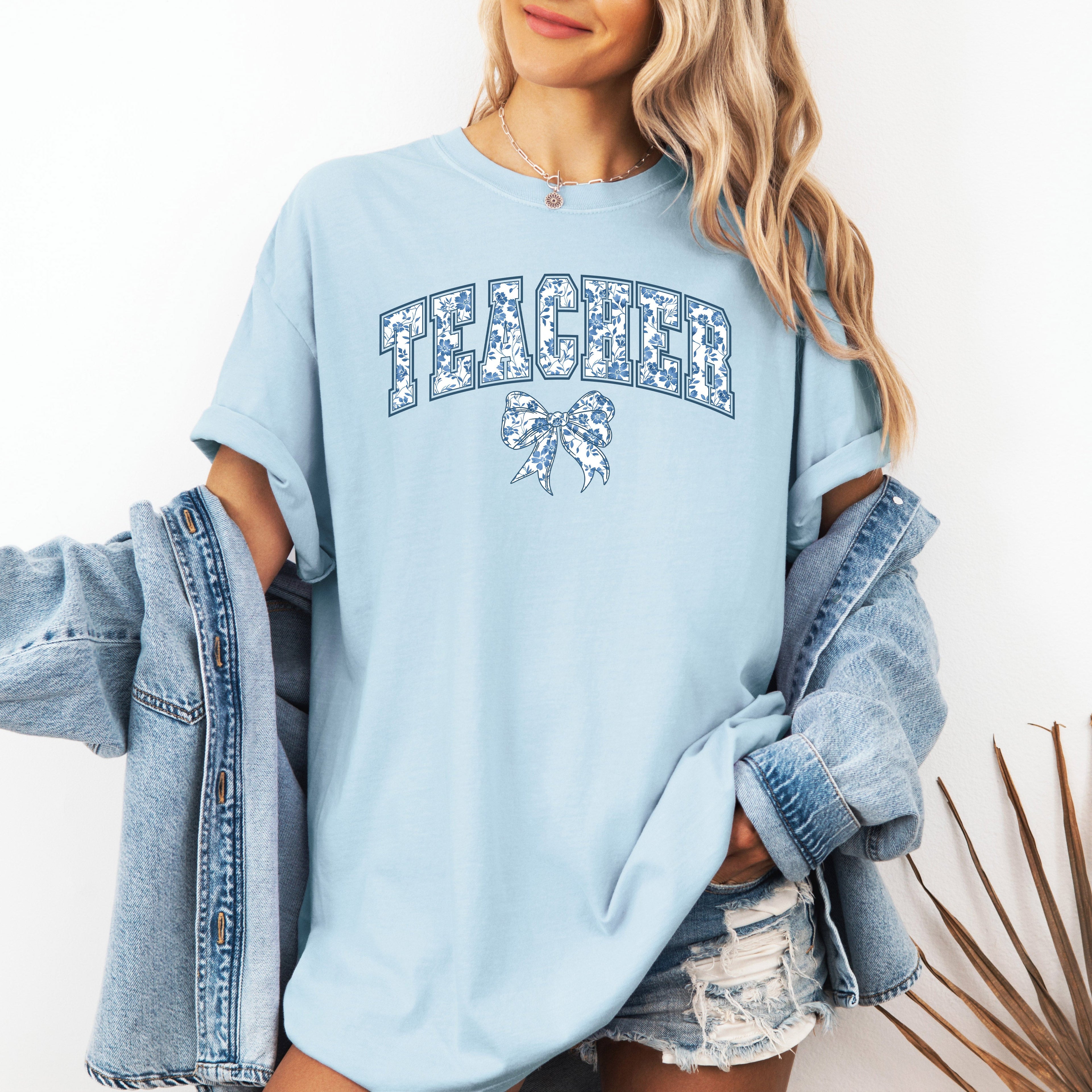 Teacher Goose Blue Floral Bow First Day Of School Teacher Appreciation Coquette Comfort Colors Tee