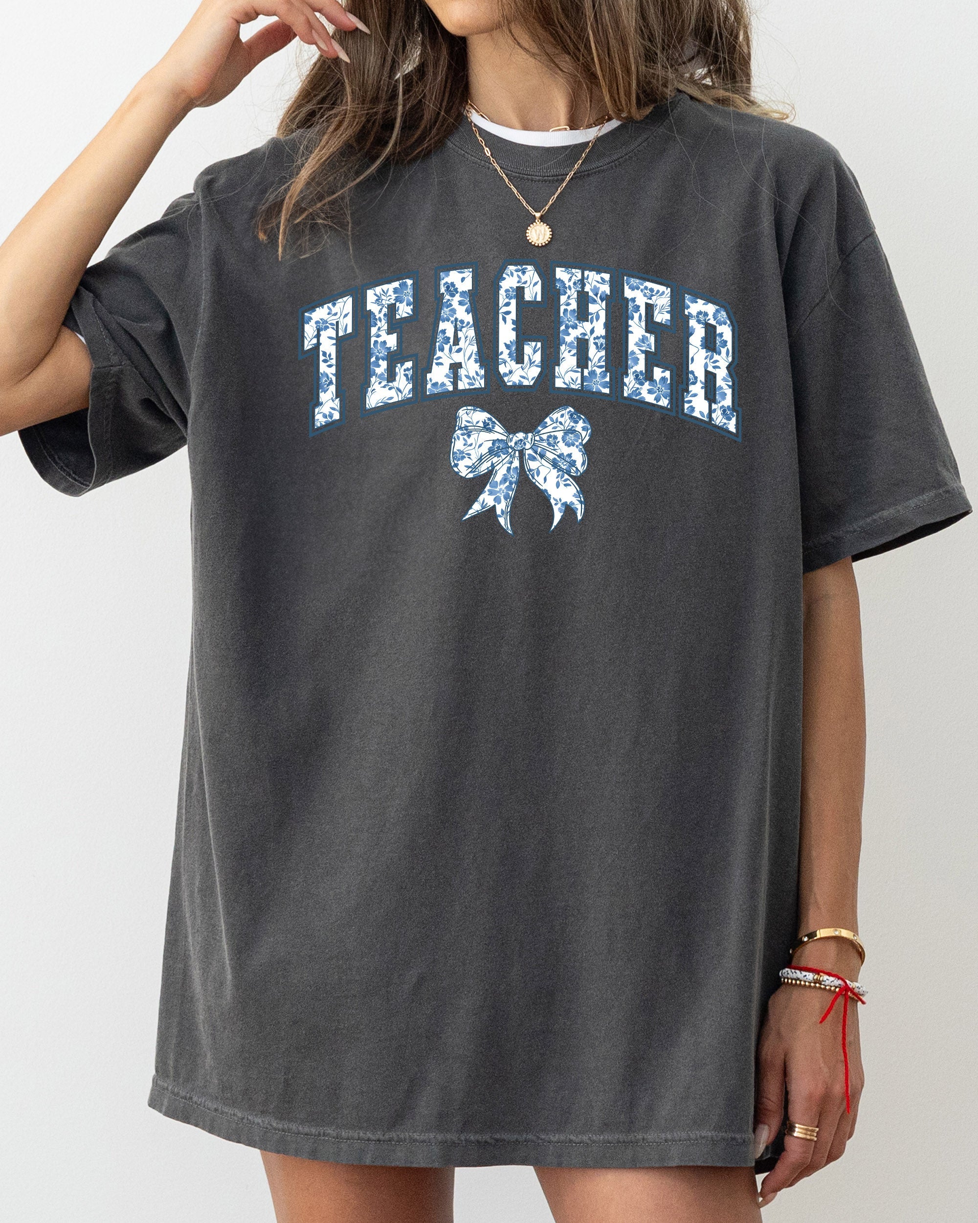 Teacher Goose Blue Floral Bow First Day Of School Teacher Appreciation Coquette Comfort Colors Tee