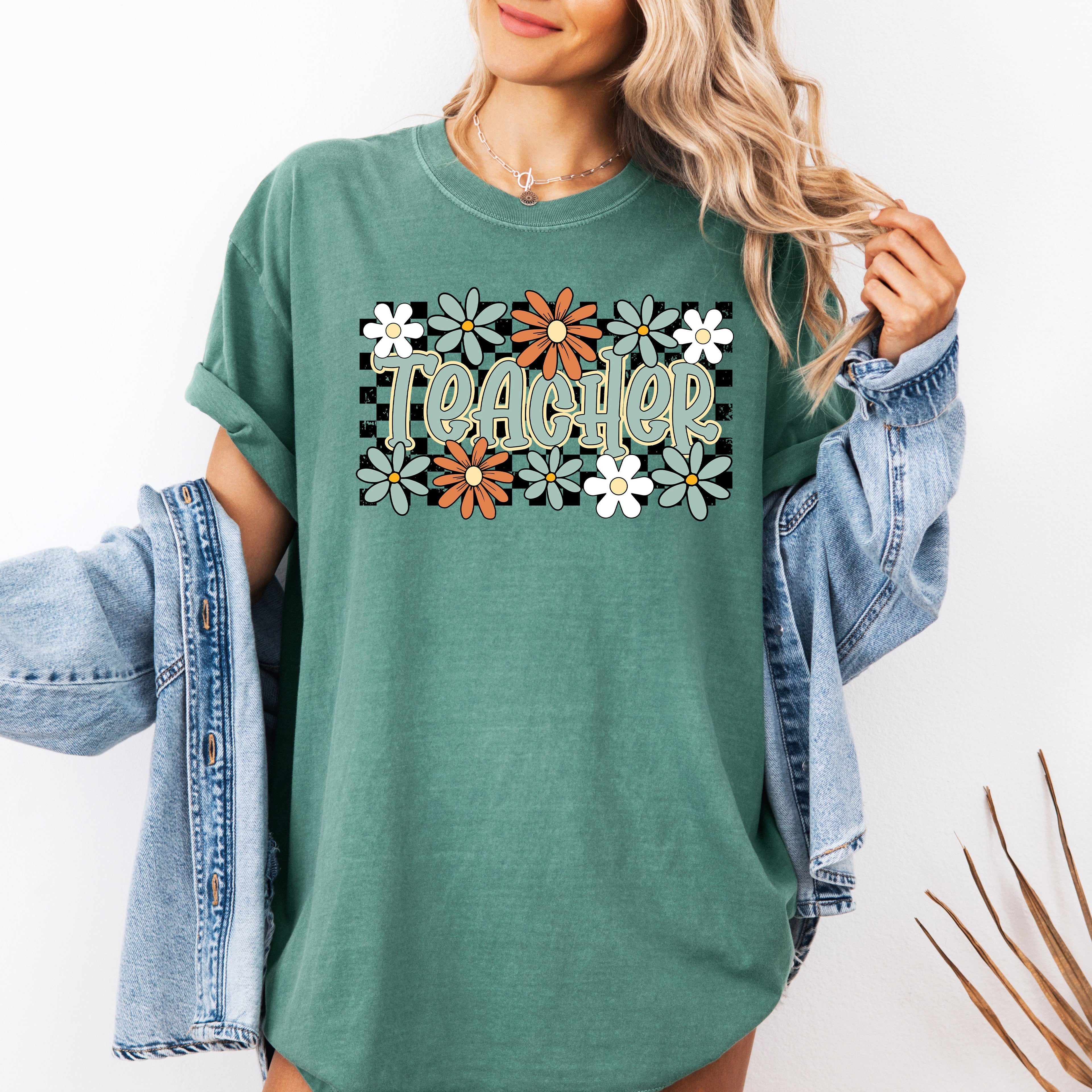 Teacher Checkered Floral Boho Retro First Day Of School Teacher Appreciation Coquette Comfort Colors Tee