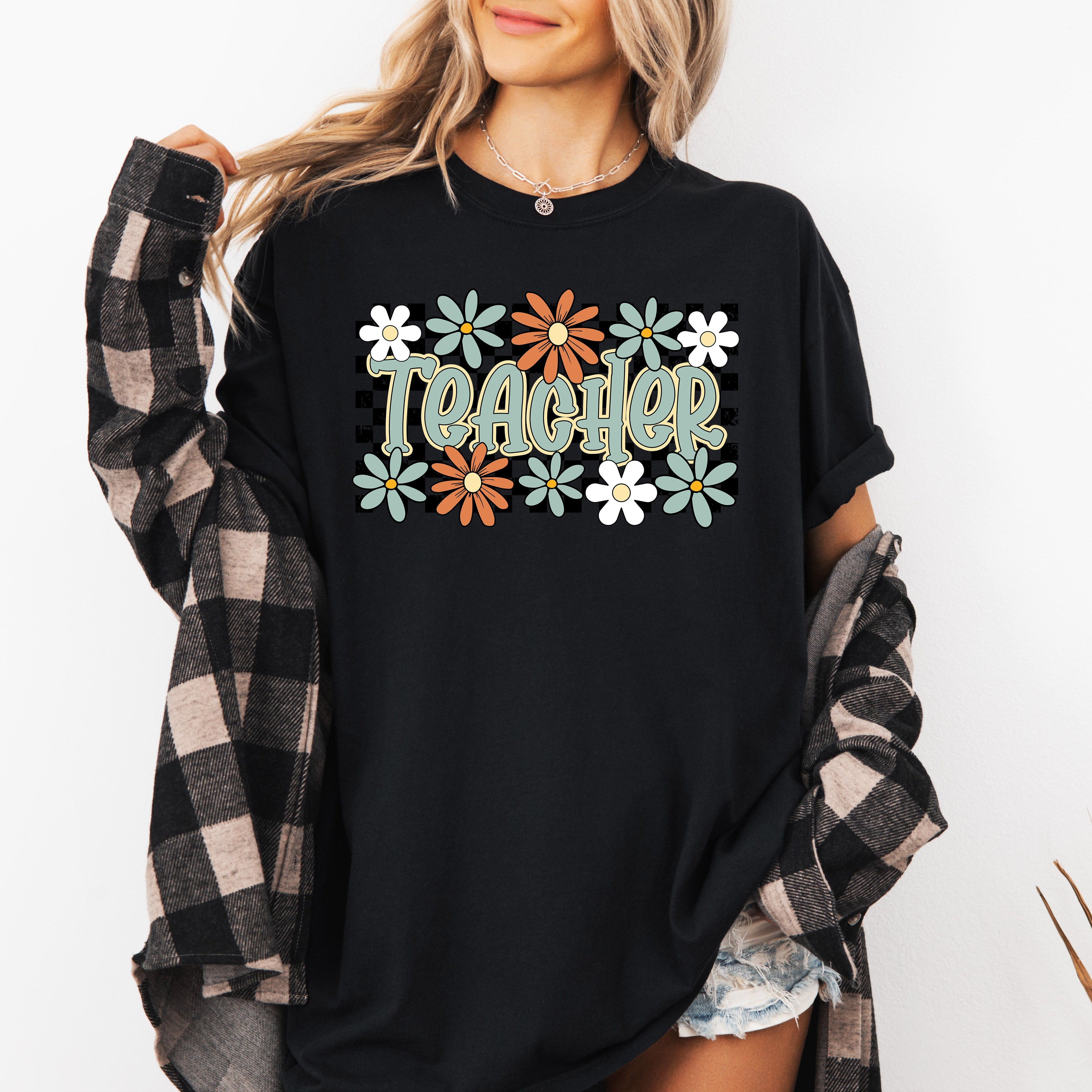 Teacher Checkered Floral Boho Retro First Day Of School Teacher Appreciation Coquette Comfort Colors Tee