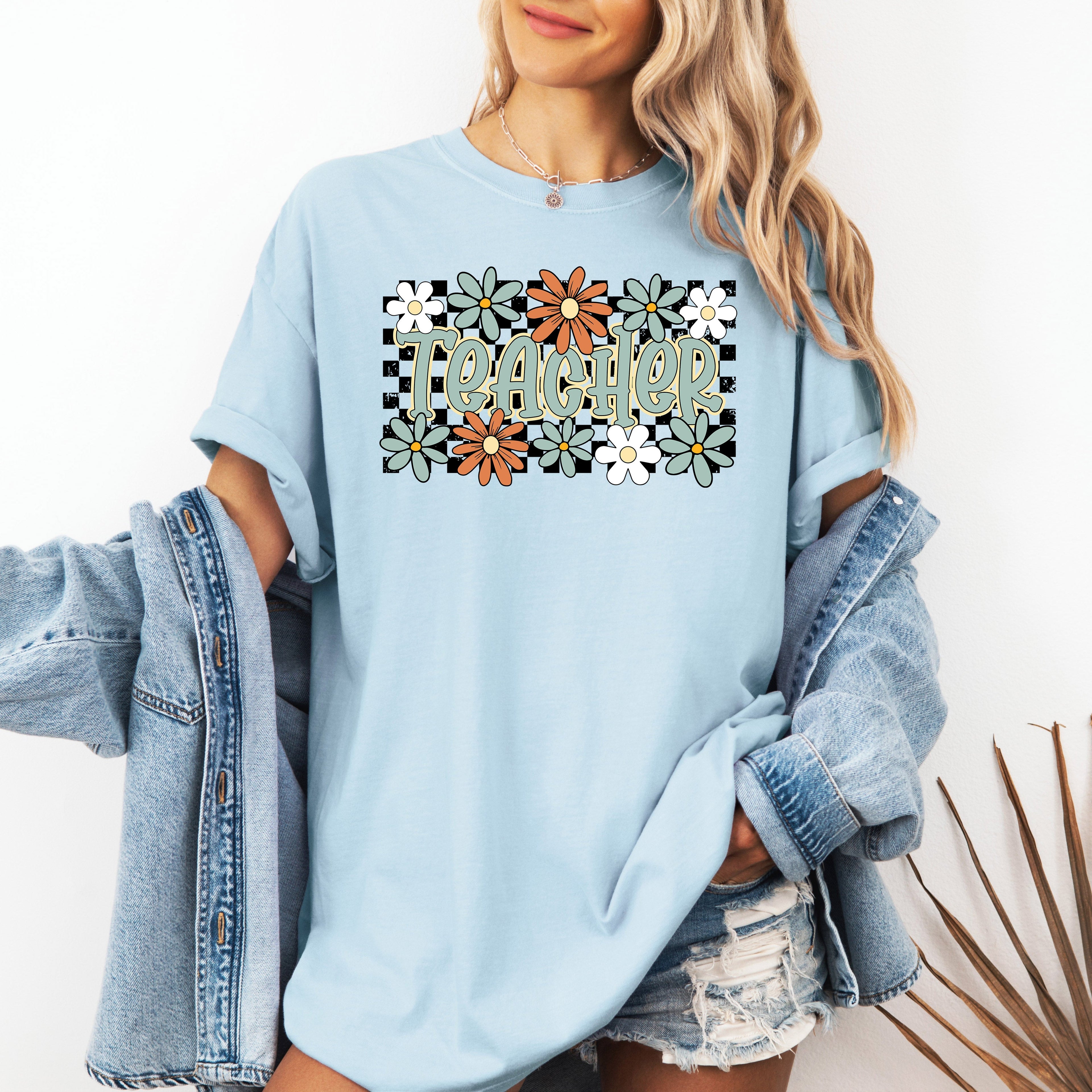 Teacher Checkered Floral Boho Retro First Day Of School Teacher Appreciation Coquette Comfort Colors Tee