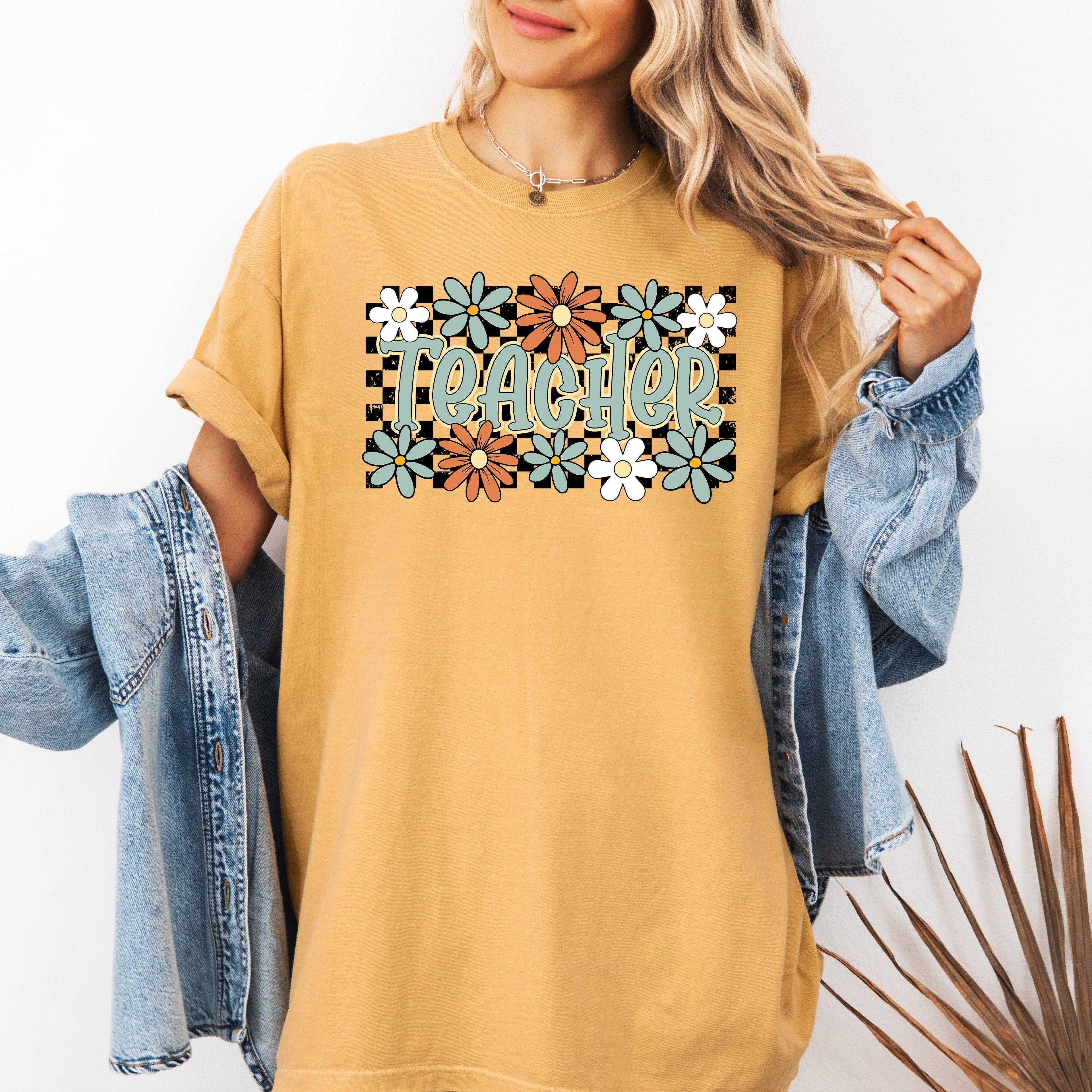 Teacher Checkered Floral Boho Retro First Day Of School Teacher Appreciation Coquette Comfort Colors Tee