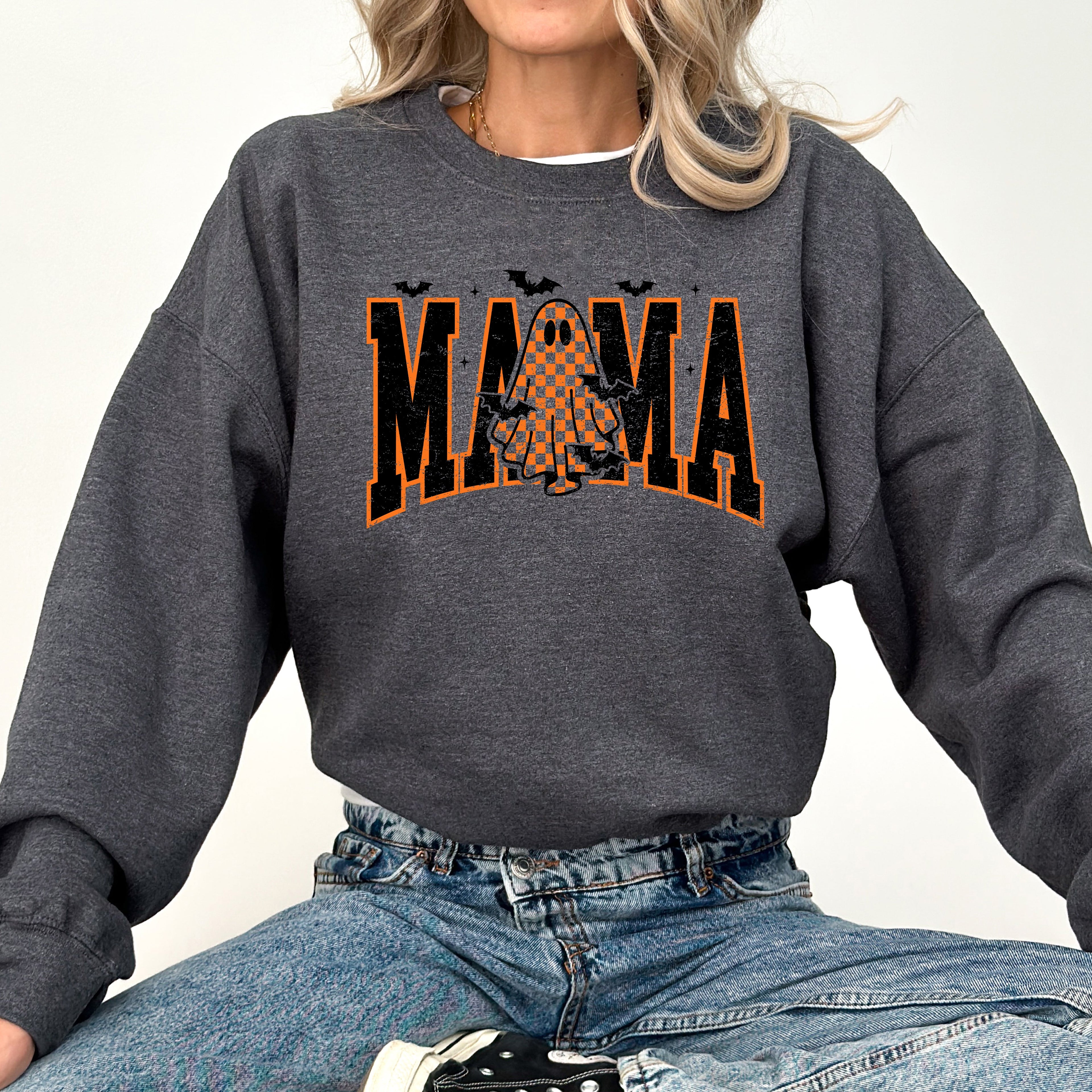 Halloween Mama Ghost Checkered Leopard Pumpkin Vintage Retro Spooky Pattern Graphic Sweatshirt