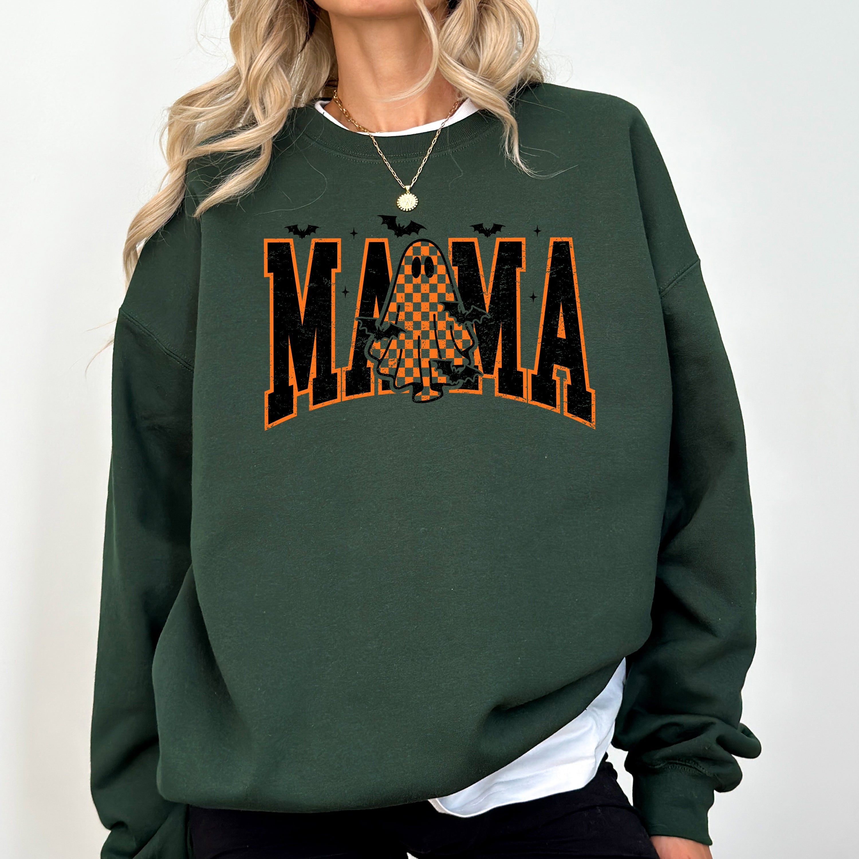 Halloween Mama Ghost Checkered Leopard Pumpkin Vintage Retro Spooky Pattern Graphic Sweatshirt