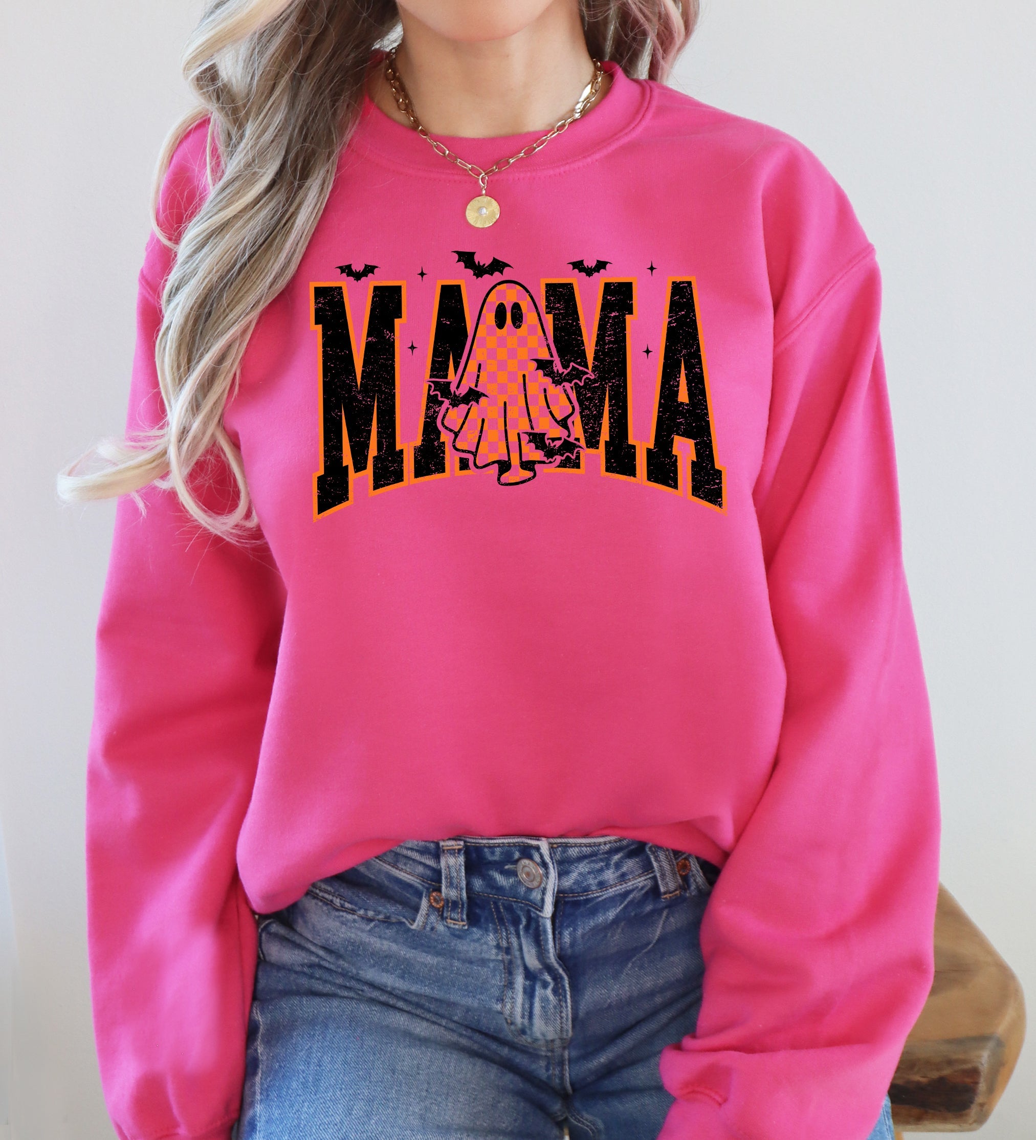Halloween Mama Ghost Checkered Leopard Pumpkin Vintage Retro Spooky Pattern Graphic Sweatshirt