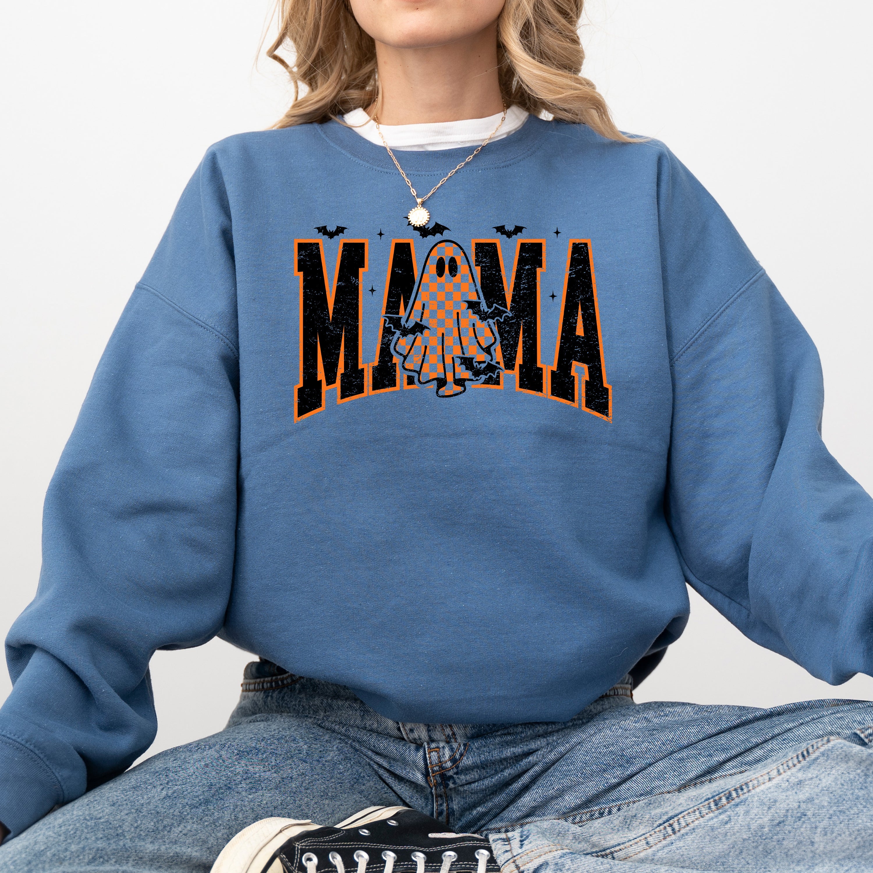 Halloween Mama Ghost Checkered Leopard Pumpkin Vintage Retro Spooky Pattern Graphic Sweatshirt