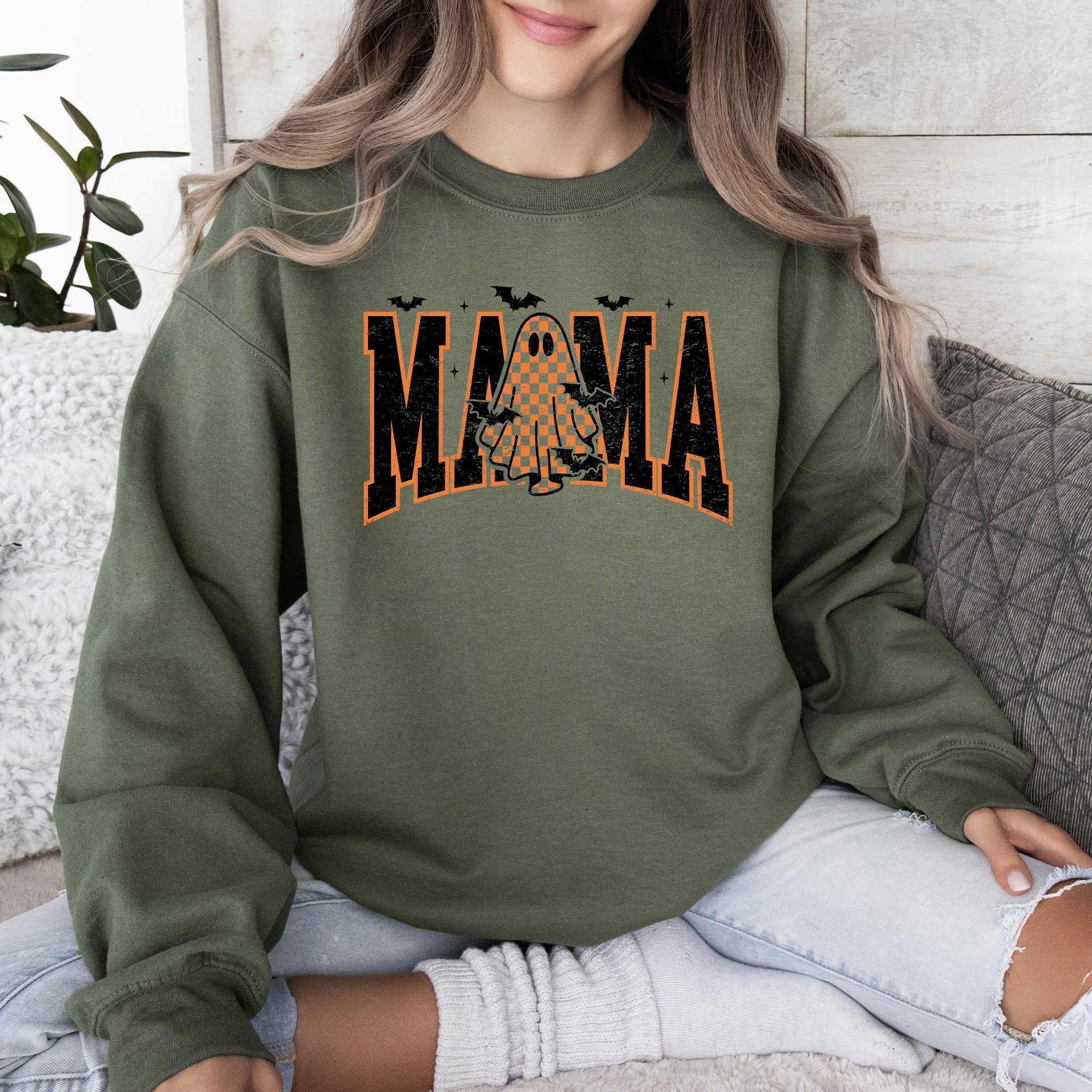 Halloween Mama Ghost Checkered Leopard Pumpkin Vintage Retro Spooky Pattern Graphic Sweatshirt
