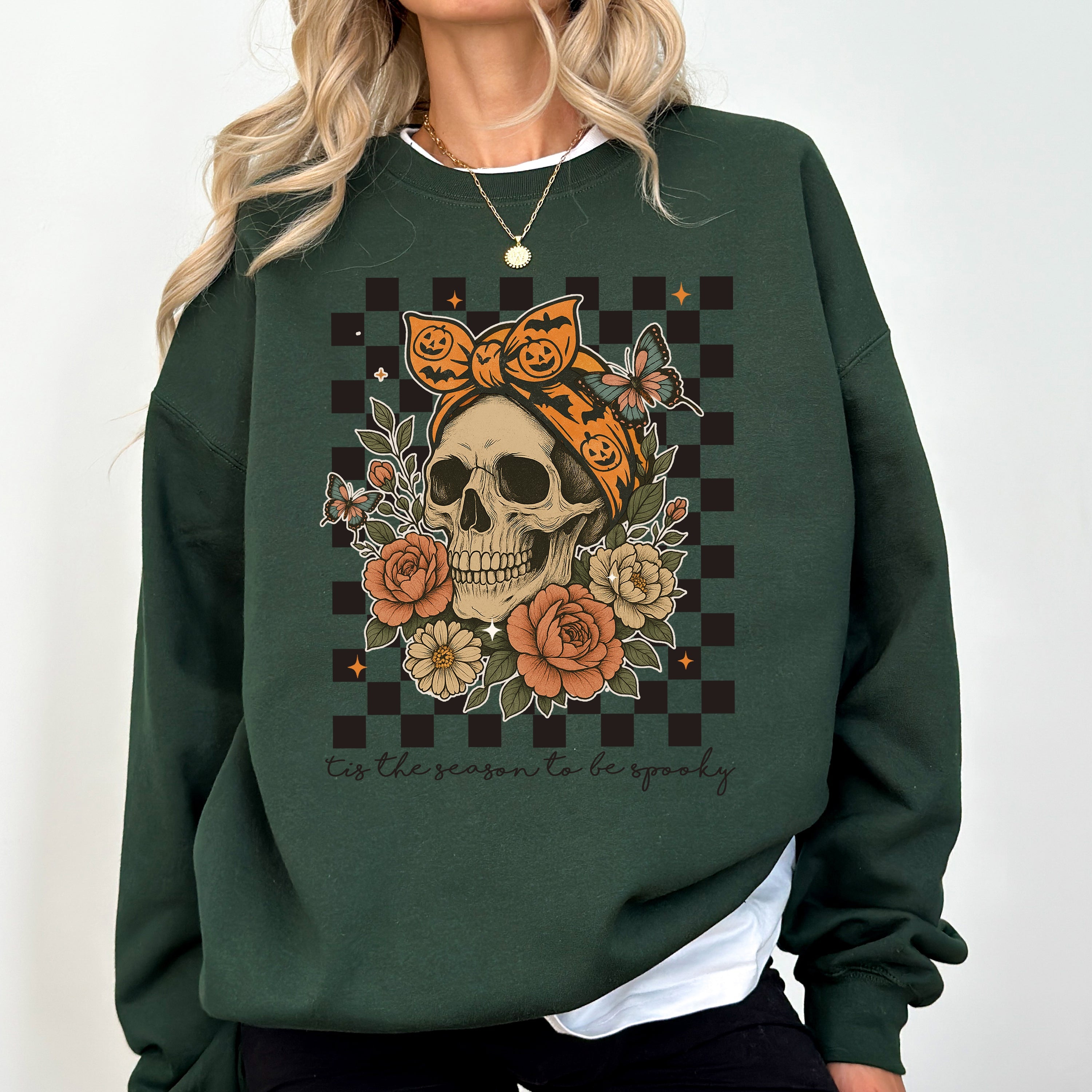 Tis The Season Skull Halloween Ghost Checkered Retro Vintage Spooky Graphic Sweatshirt