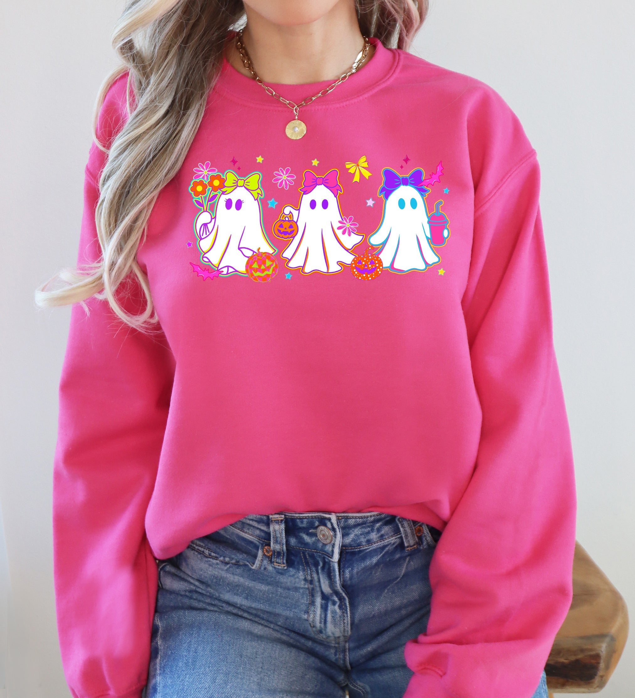 Neon Ghosts Halloween Checkered Retro Vintage Spooky Costume Fall Graphic Sweatshirt