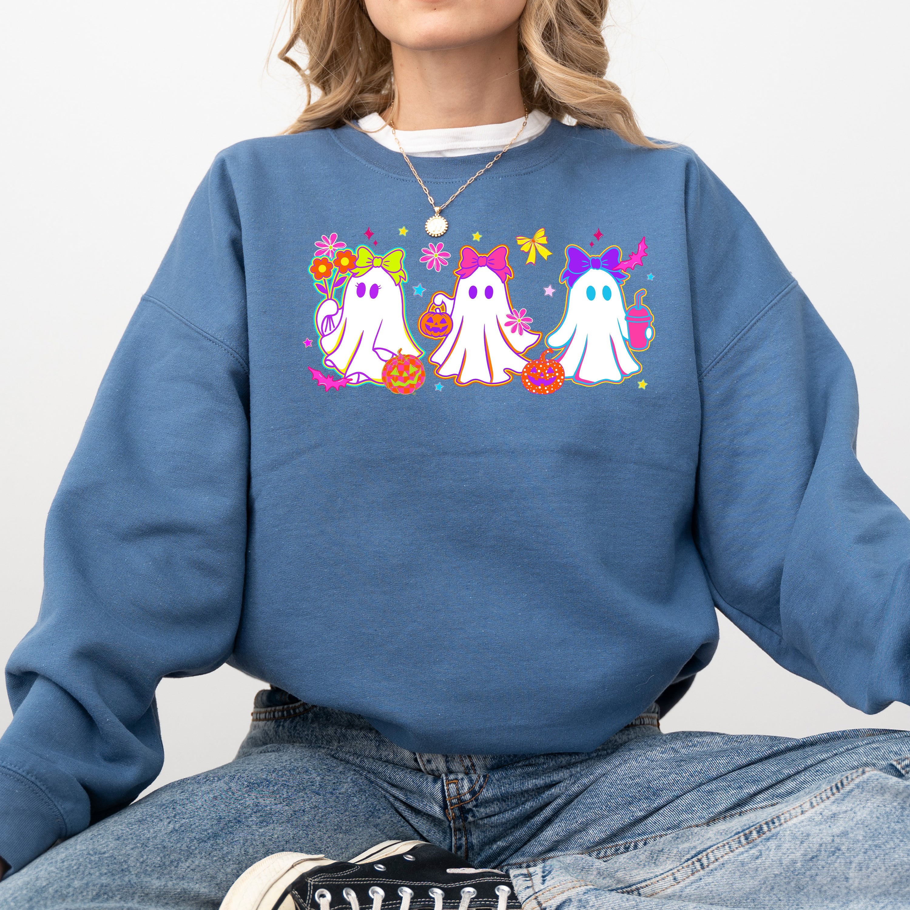 Neon Ghosts Halloween Checkered Retro Vintage Spooky Costume Fall Graphic Sweatshirt
