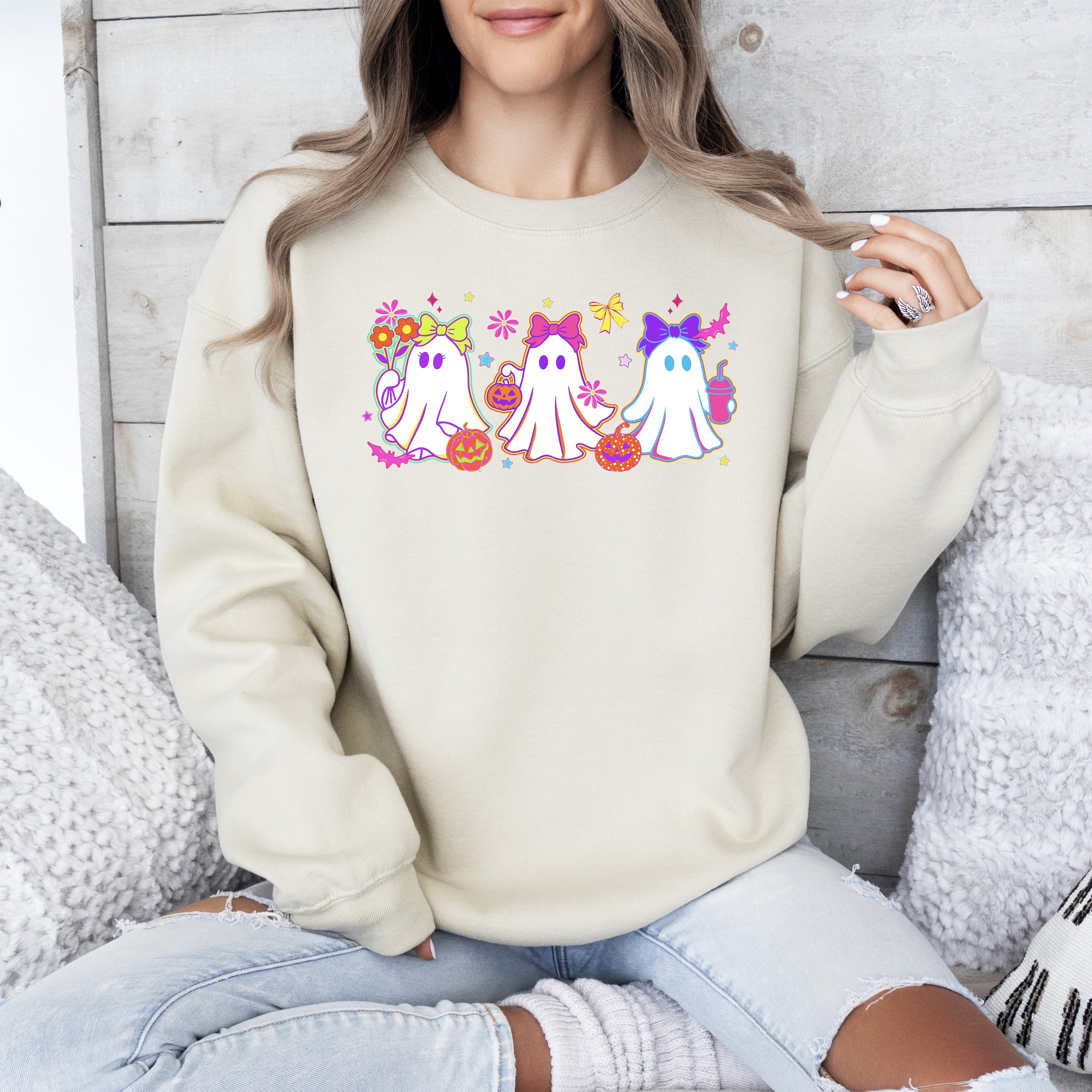 Neon Ghosts Halloween Checkered Retro Vintage Spooky Costume Fall Graphic Sweatshirt
