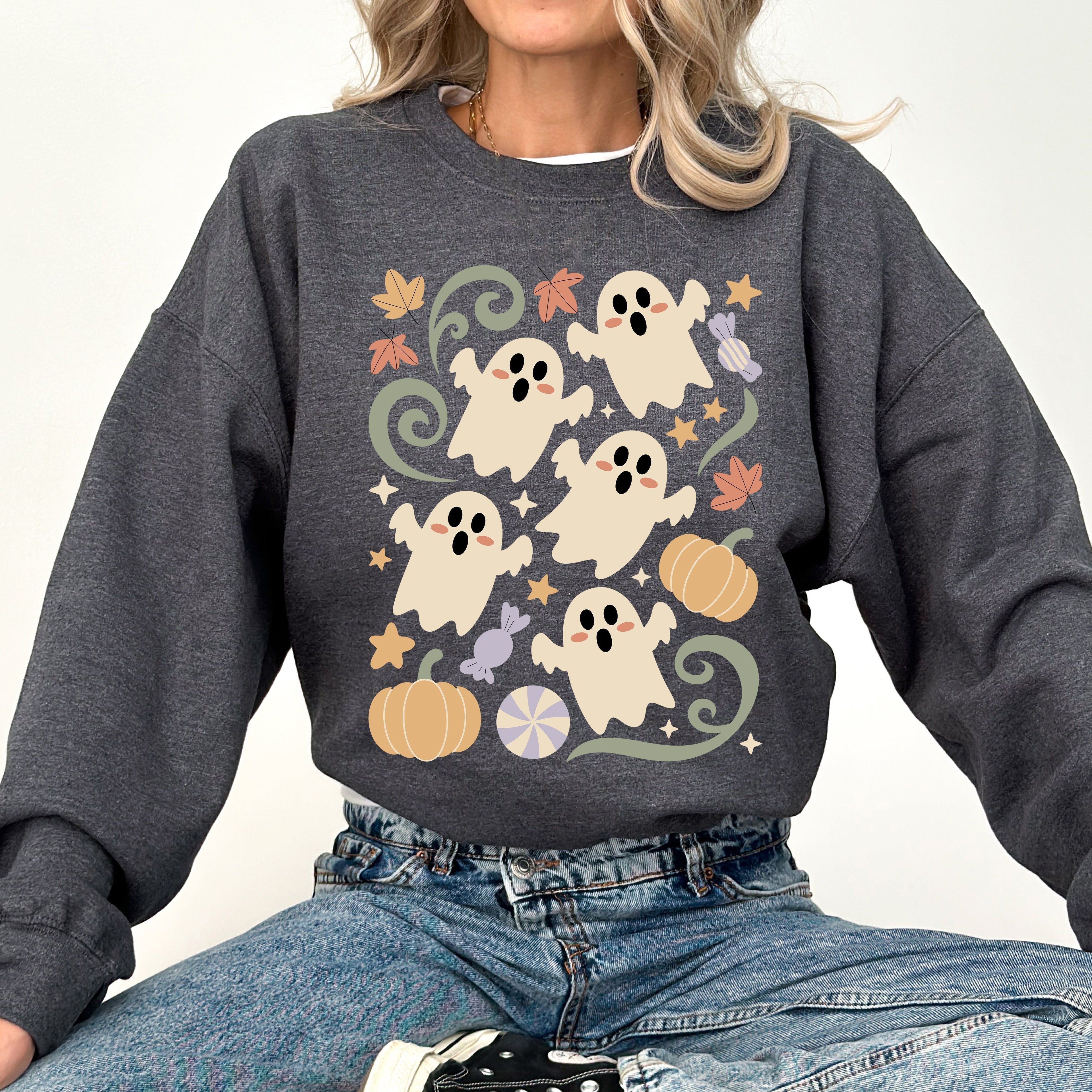 Vintage Ghosts Floral Halloween Retro Spooky Neon Patchwork Nightfall Graphic Sweatshirt