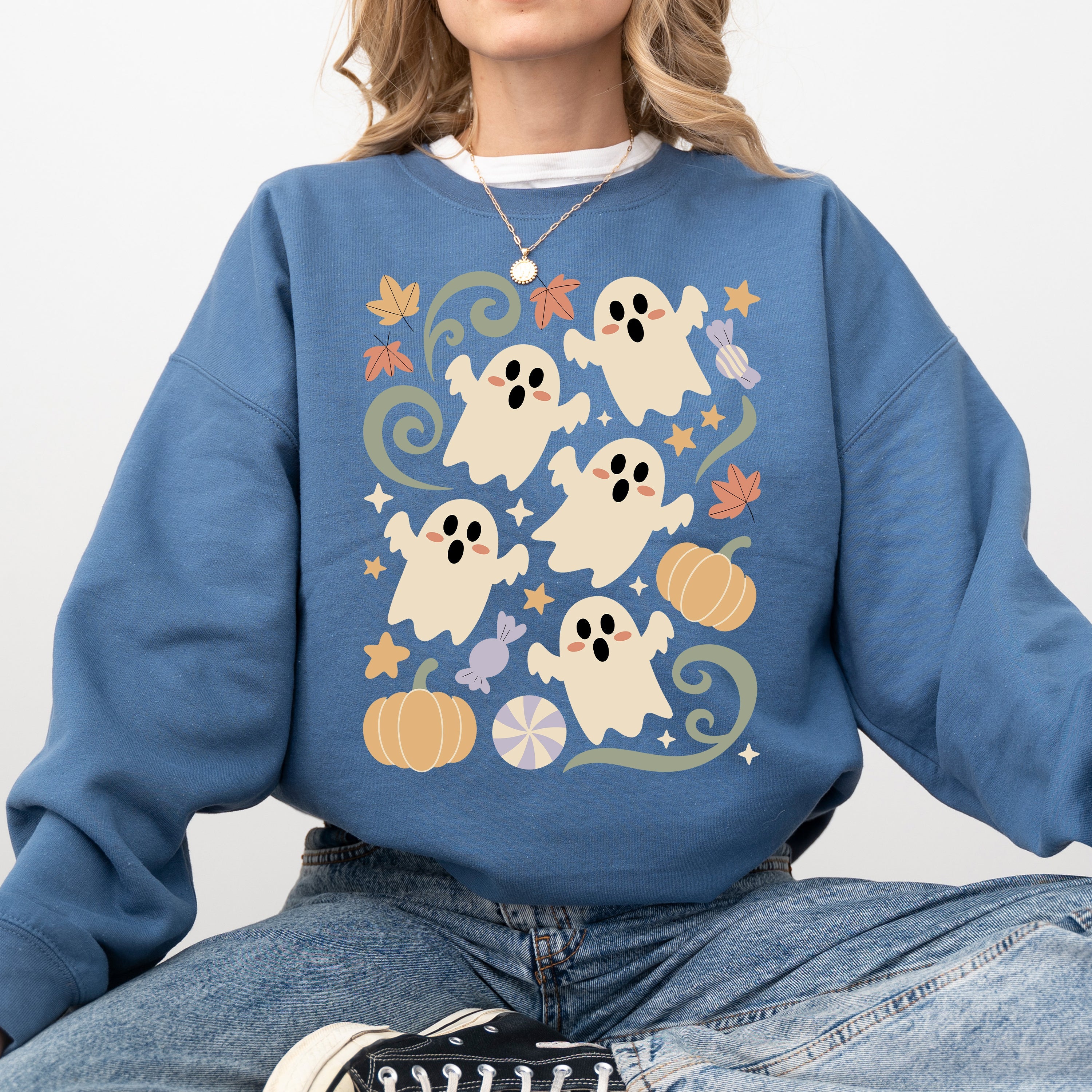 Vintage Ghosts Floral Halloween Retro Spooky Neon Patchwork Nightfall Graphic Sweatshirt