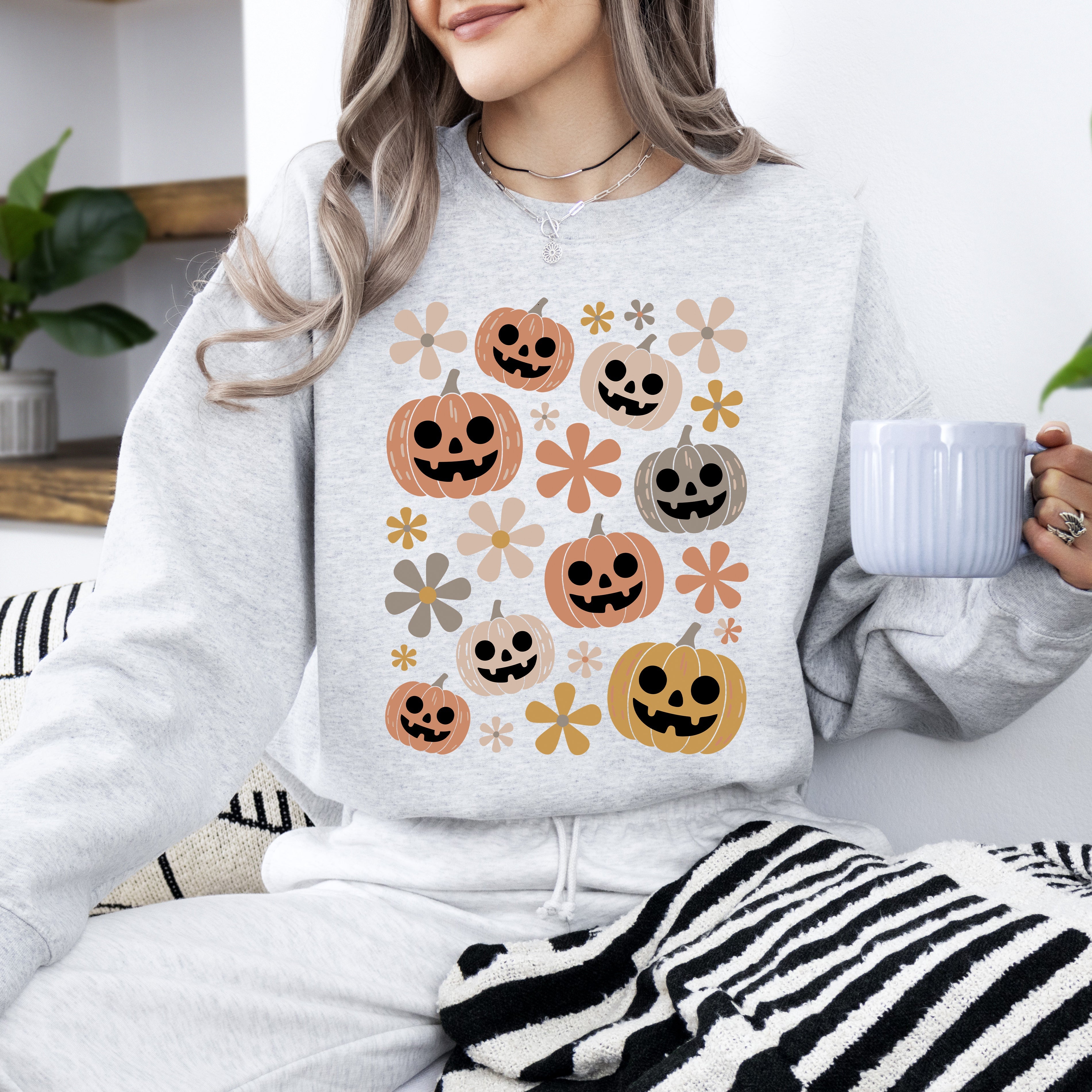 Pumpkins And Flowers Halloween Neon Retro Vintage Spooky Checkered Patchwork Graphic Sweatshirt