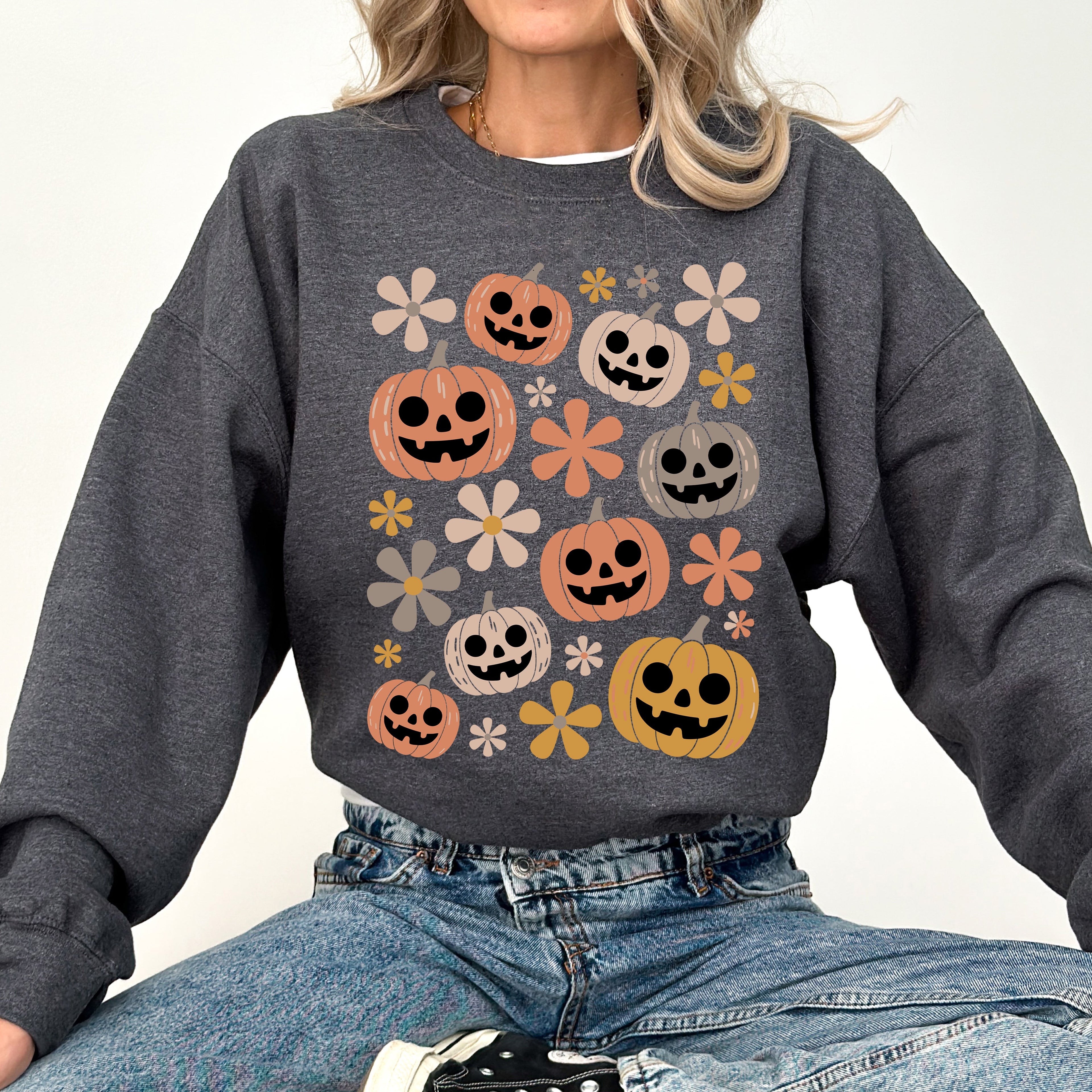 Pumpkins And Flowers Halloween Neon Retro Vintage Spooky Checkered Patchwork Graphic Sweatshirt