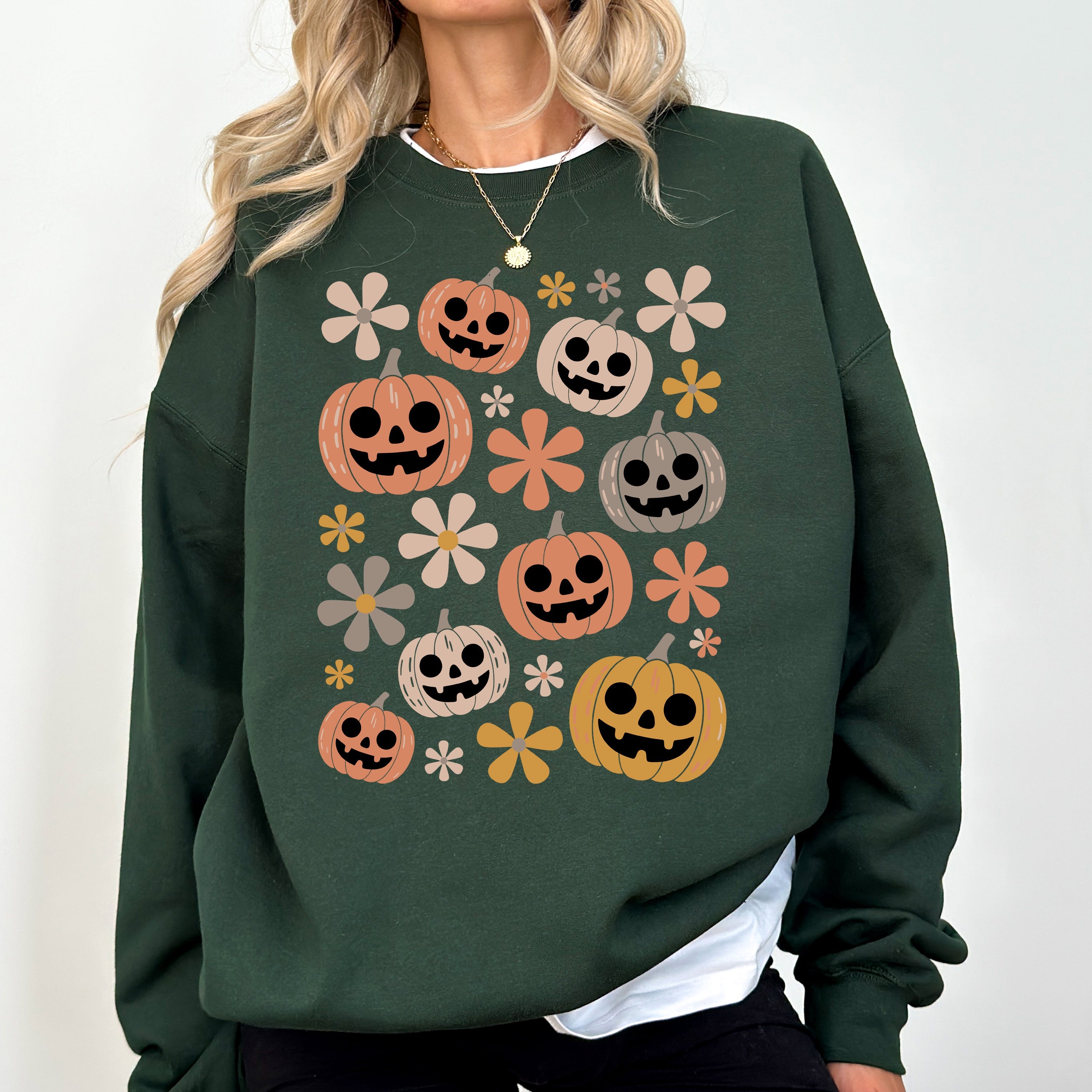 Pumpkins And Flowers Halloween Neon Retro Vintage Spooky Checkered Patchwork Graphic Sweatshirt
