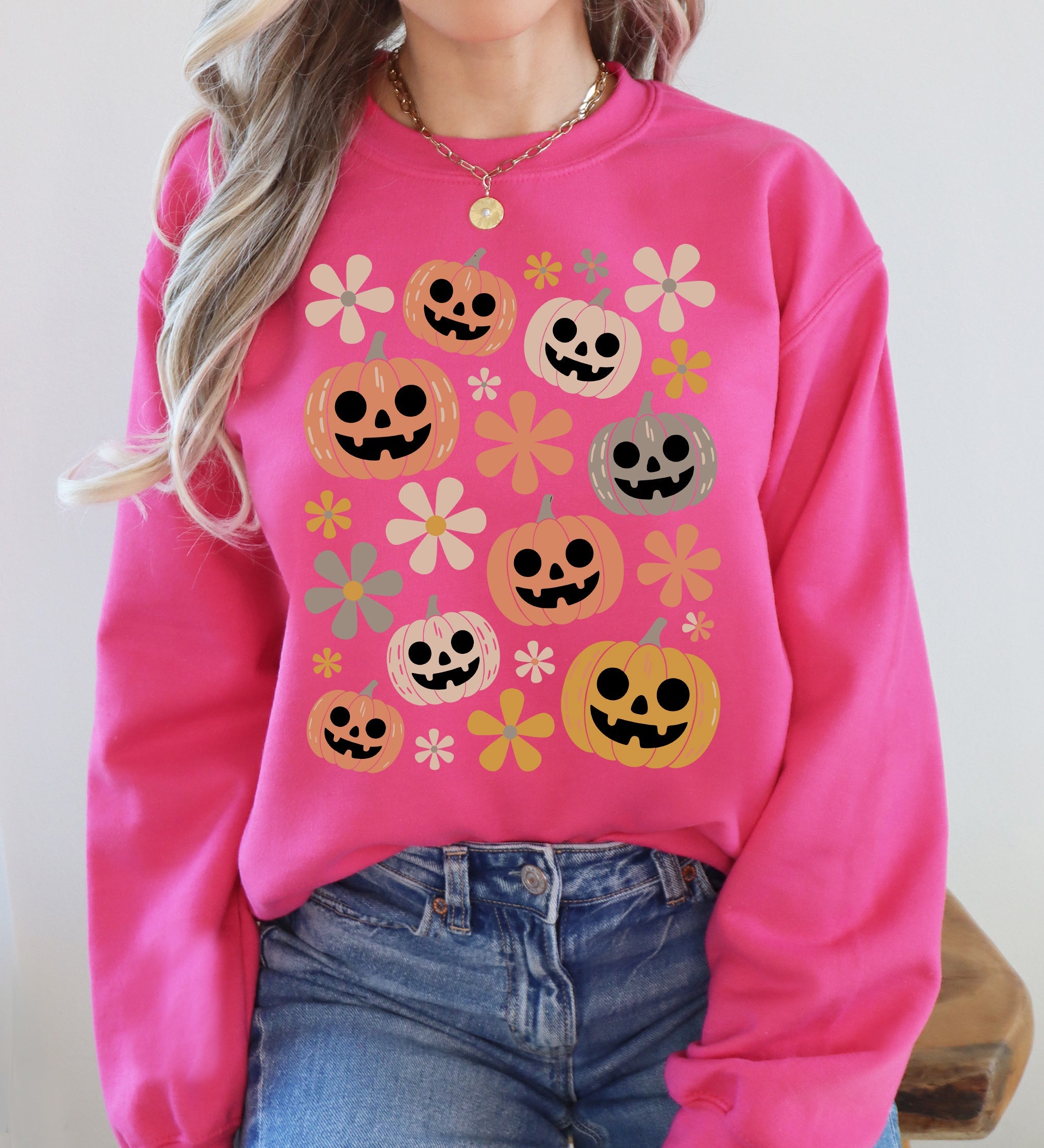 Pumpkins And Flowers Halloween Neon Retro Vintage Spooky Checkered Patchwork Graphic Sweatshirt