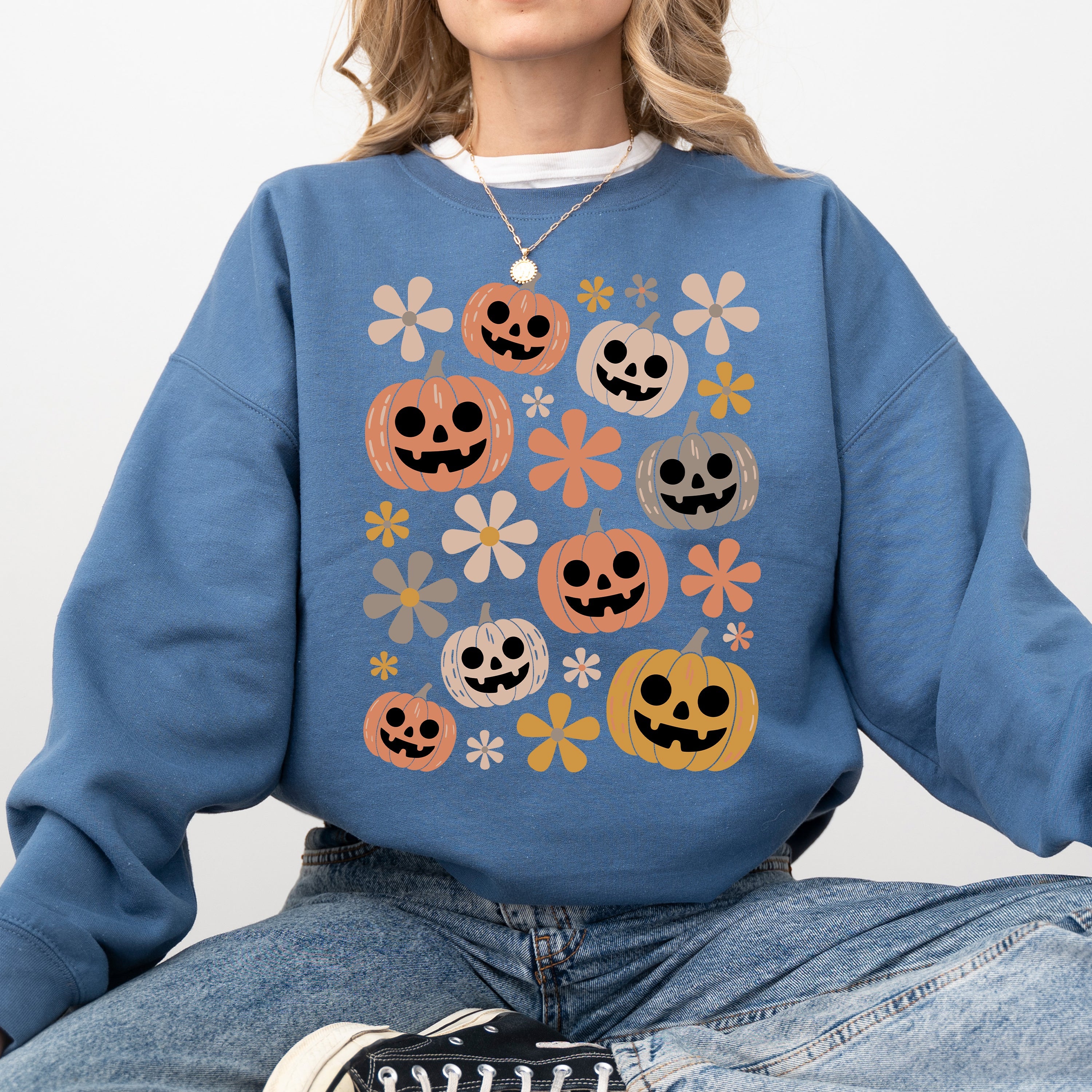 Pumpkins And Flowers Halloween Neon Retro Vintage Spooky Checkered Patchwork Graphic Sweatshirt