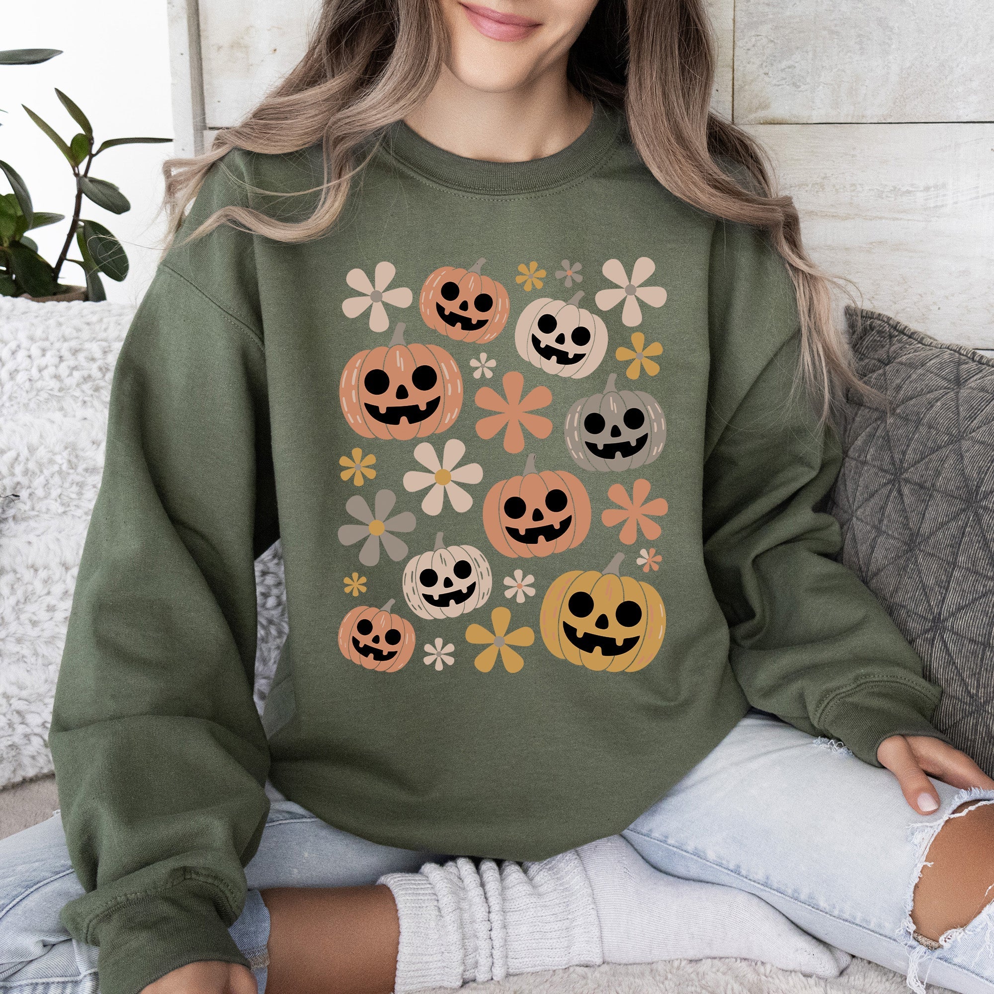 Pumpkins And Flowers Halloween Neon Retro Vintage Spooky Checkered Patchwork Graphic Sweatshirt