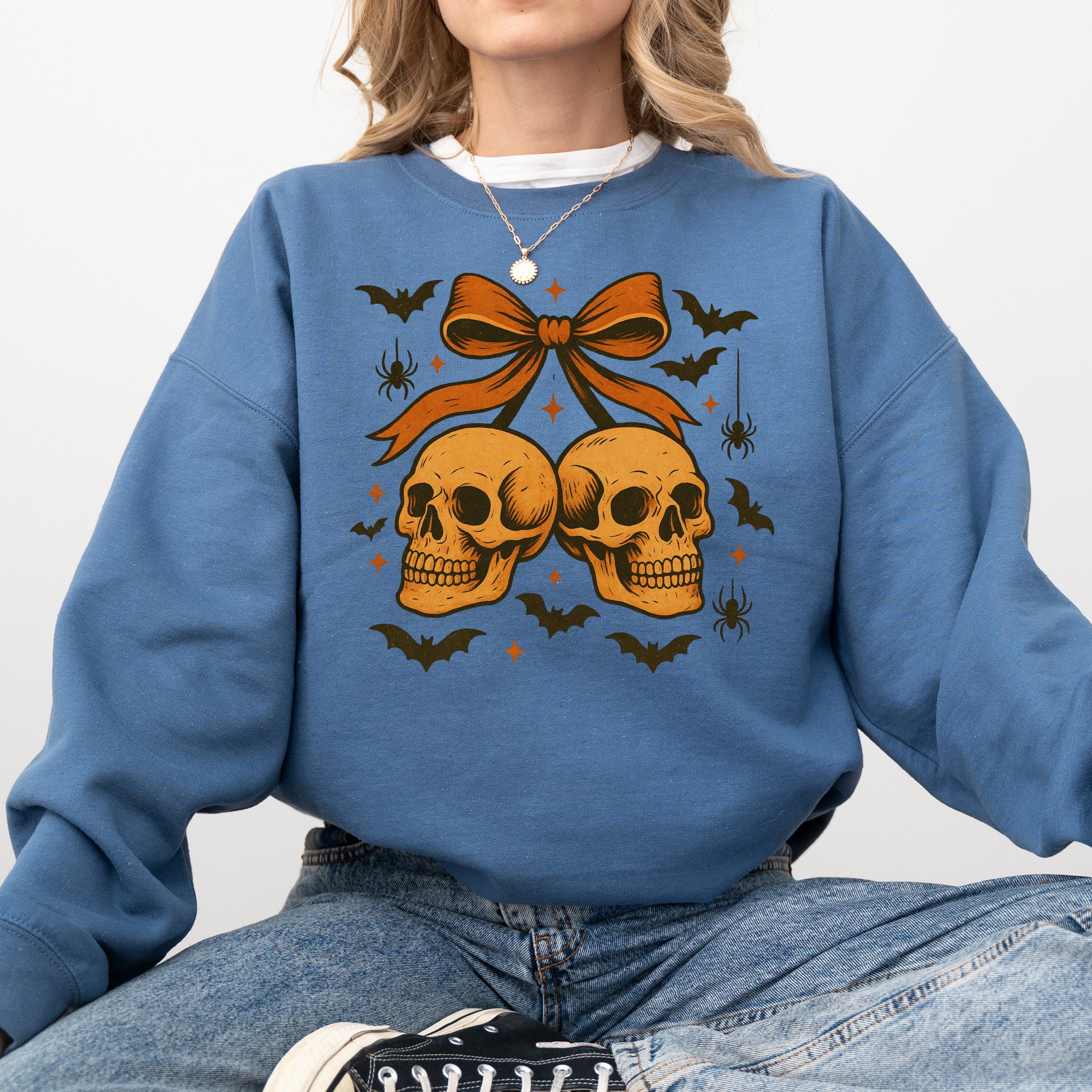 Skull Bow Coquette Bats Ghost Western Halloween Retro Vintage Spooky Graphic Sweatshirt