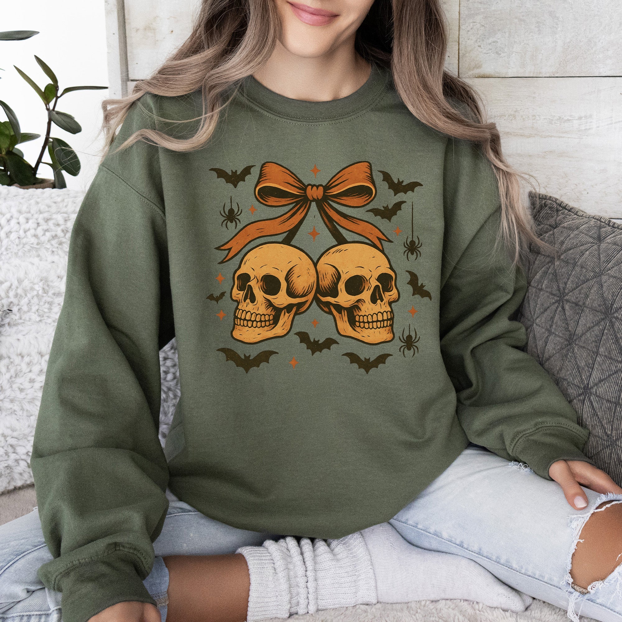 Skull Bow Coquette Bats Ghost Western Halloween Retro Vintage Spooky Graphic Sweatshirt